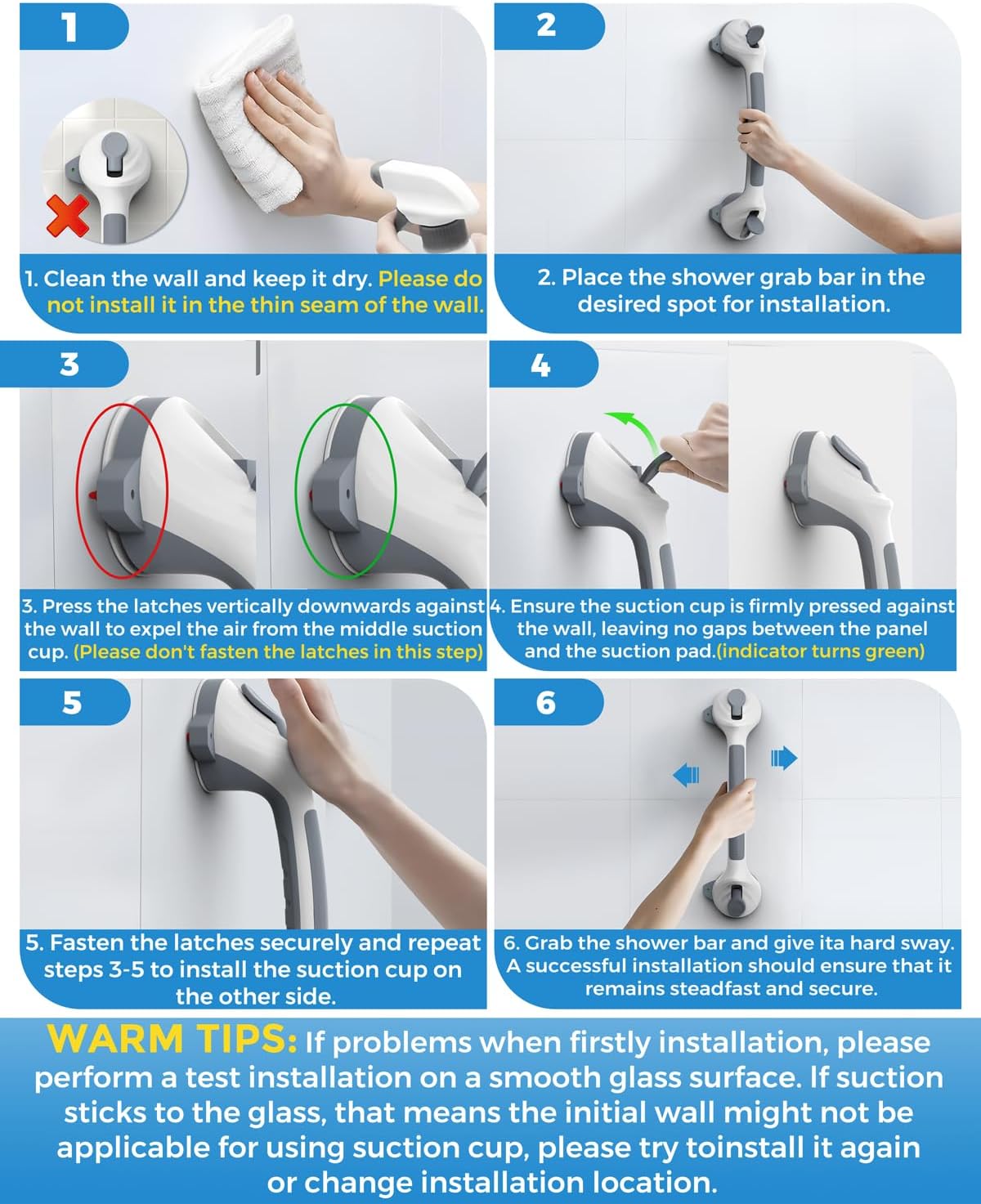 2 Pack 16.5" Suction Grab Bars for Showers with Visual Safety Indicator, No-Drill 4mm Thickened Handicap Shower Handle for Seniors, Non-Slip Bathroom Balance Rail for Smooth Tiles & Tubs