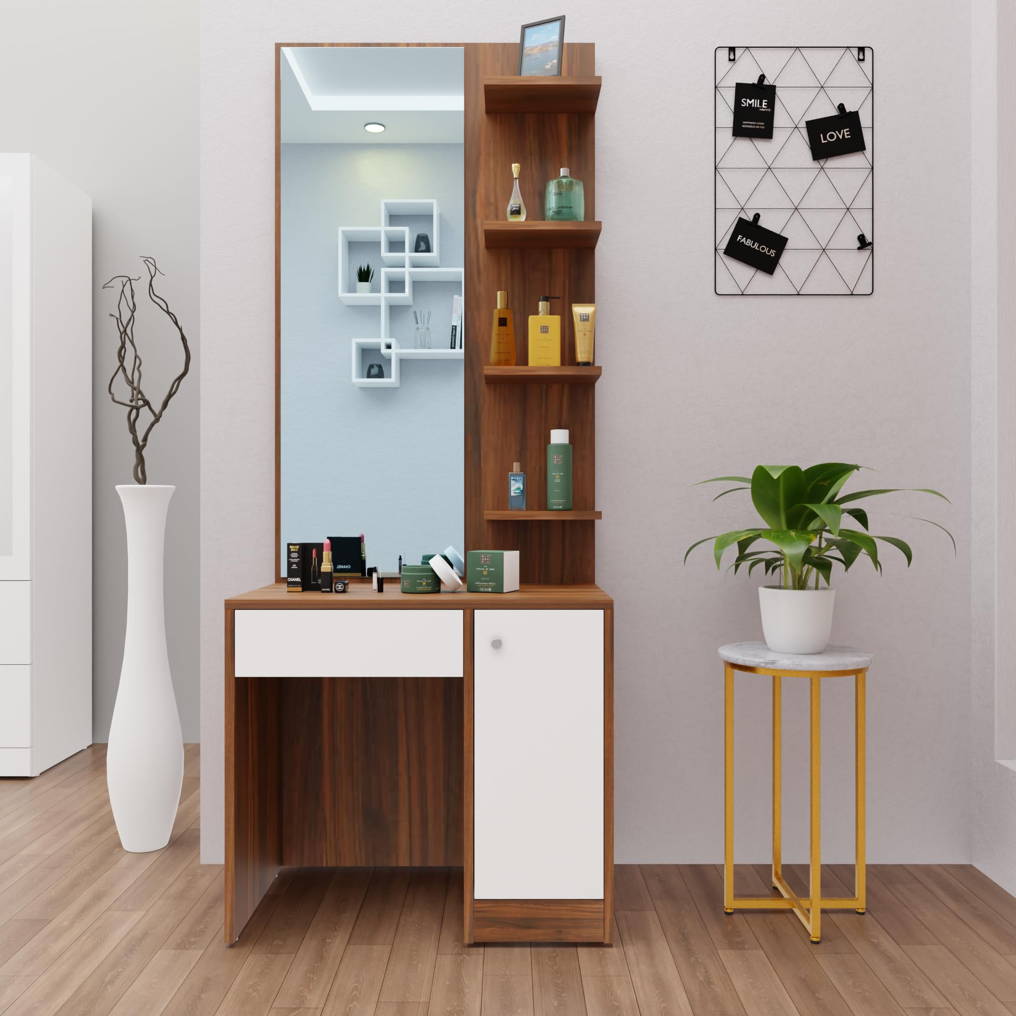 VIKI | Dressing Table with Mirror Drawer and Door, Dressing Table Organizer and Storage, Bedroom, Makeup Cabinet, 180cms(H)*70cms(W)*40cms(D) | 1 Year Warranty, DIY | Brussel Walnut and Frosty White-picture-32