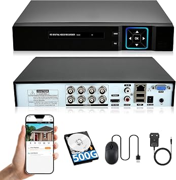 8 Channel Security DVR Recorder With 500GB HDD, 6-in-1 CCTV DVR for Surveillance, Supports 8ch for Camera Home Surveillance System, for Analog AHD, TVI, CVI, CVBS, XVI, IPC 5MP Mobile APP PC Remote