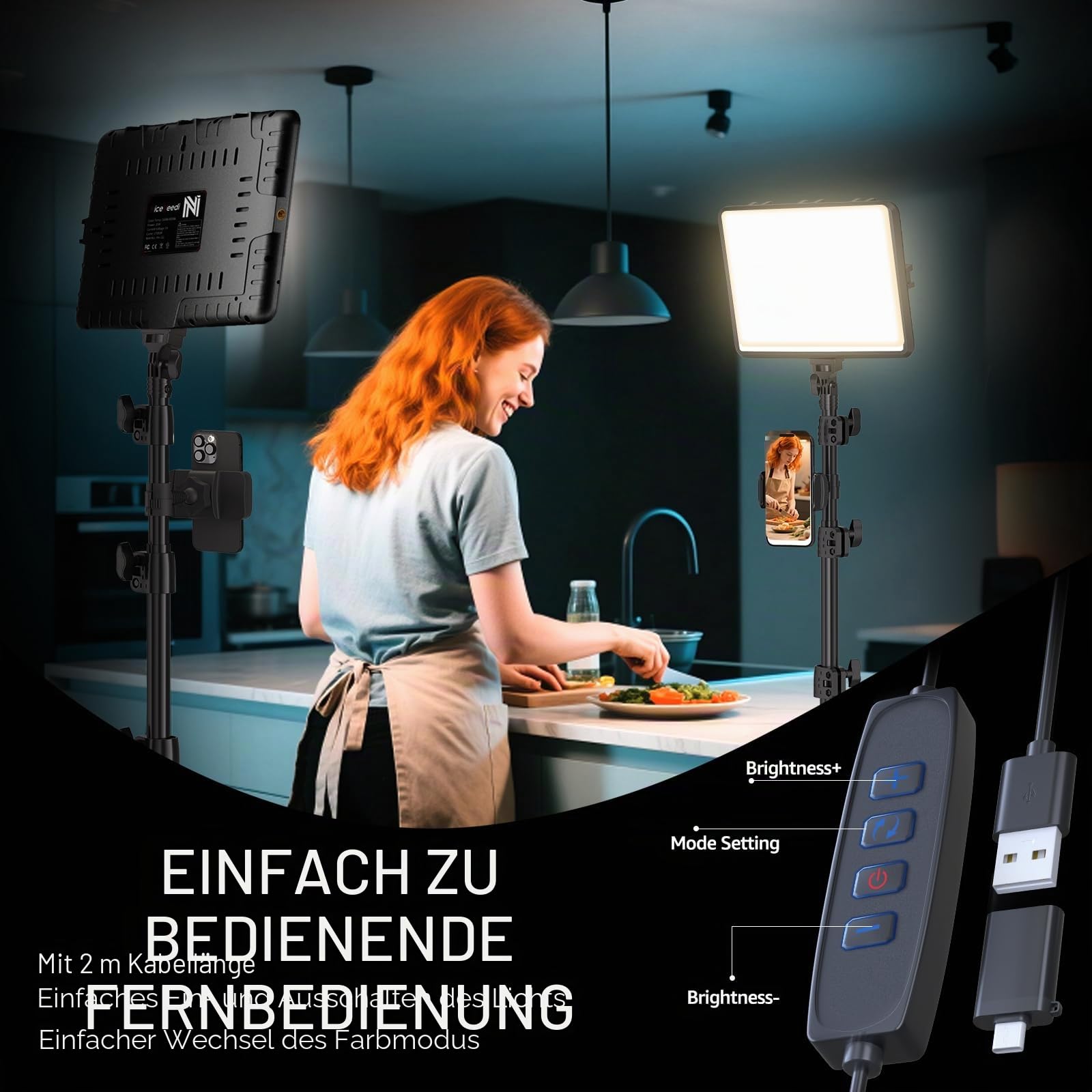 NiceVeedi 2 Stück LED VideoLicht Set, 2800–6500K, Dimmbar, Kontinuierliche Fotografie-Beleuchtung mit 1.6m Stativständer und Handyhalterung, Studio-Licht für Videoaufnahmen, YouTubee (15W)