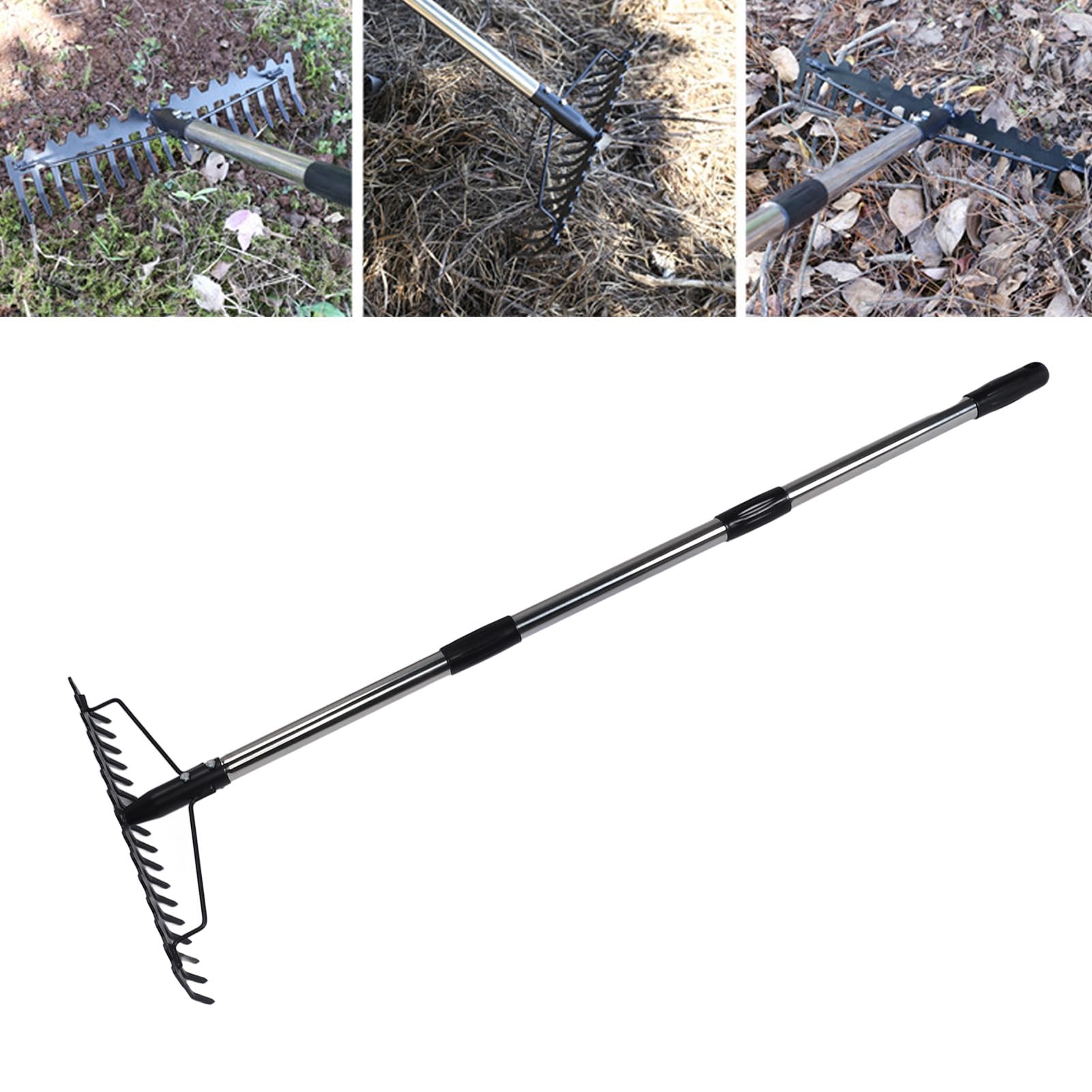 SIXRUN Rastrillo de Jardín, Herramienta de Rastrillo con Cabeza de Metal Ajustable con 17 Púas, Desmontable de Hierro y Acero Inoxidable, 17 Pulgadas de Ancho para Aflojar el Suelo, Recolección de
