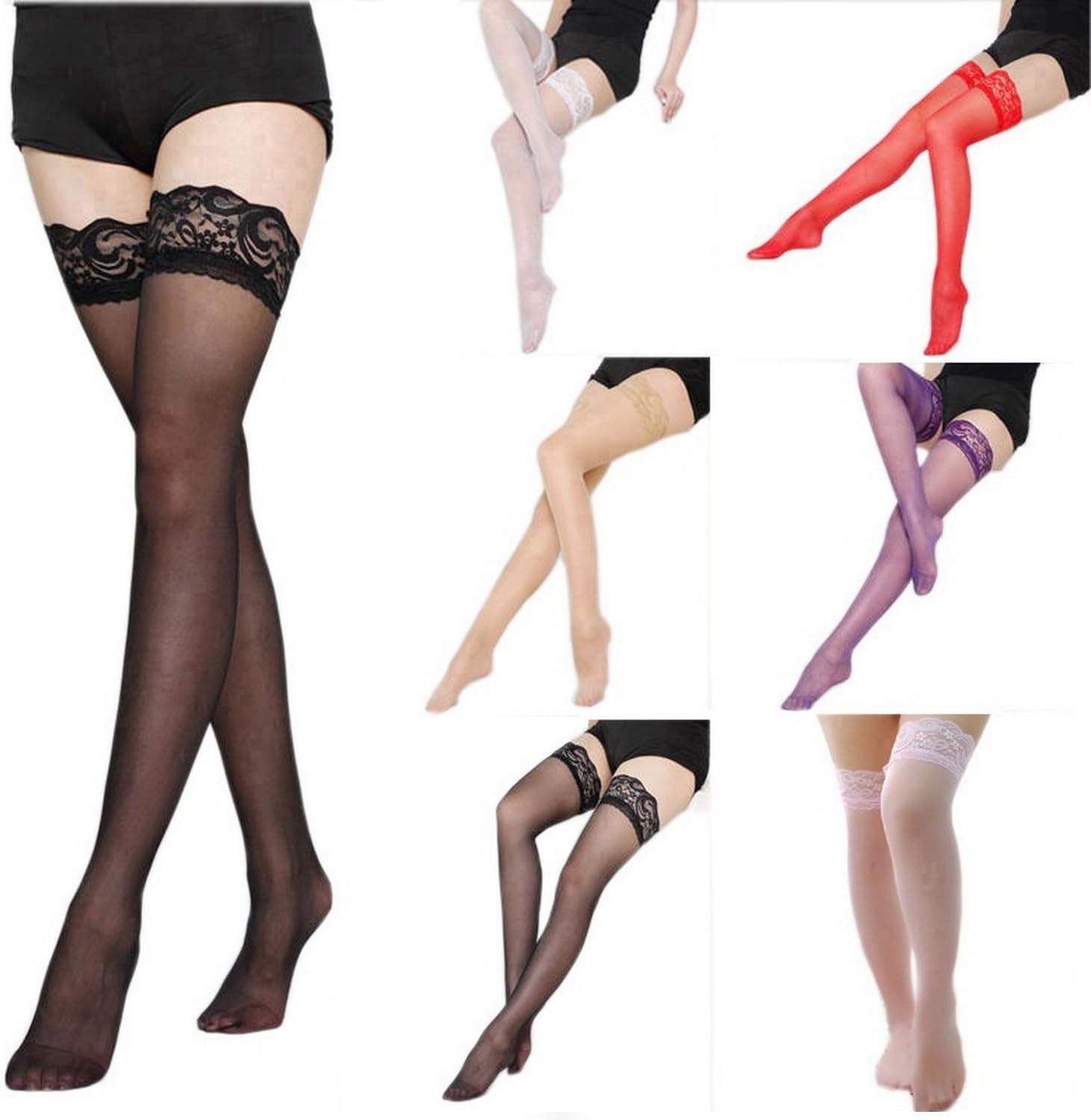 Thigh-High Stockings non-slip Silicone Sheer Lace Top Thigh High Over the Summer Style Sexy Knee Long Stockings (6-Pairs/Colors)