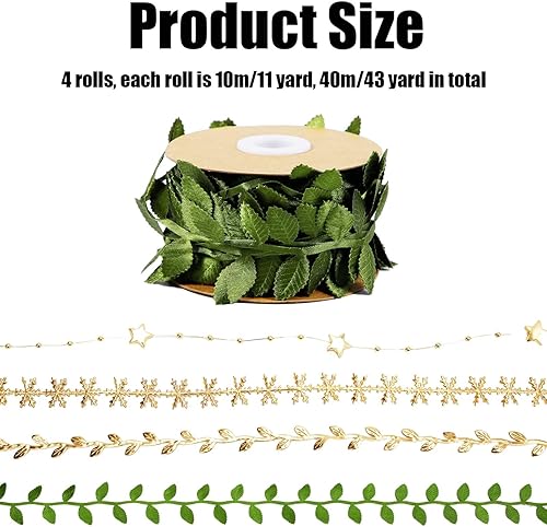 Miniatura 2 de 4 rollos de cinta de hojas doradas, 40 yardas, cinta artificial de hoja dorada de doble cara, cinta de hojas de rosa y sauce, cinta de estrella y
