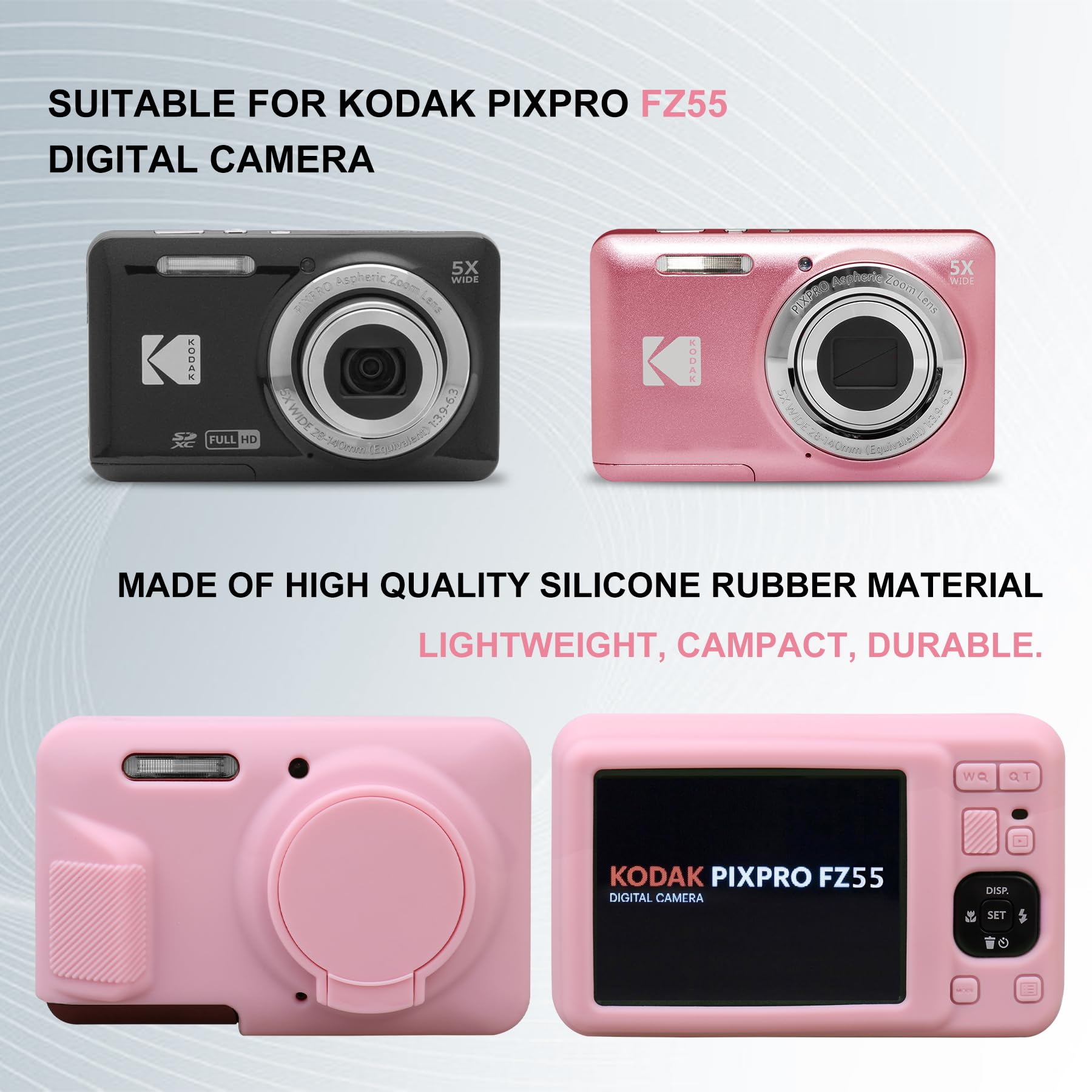 Cassa della fotocamera in silicone per fotocamera digitale Kodak PIXPRO FZ55, custodia protettiva in silicone morbida copertura lente rimovibile, Rosa