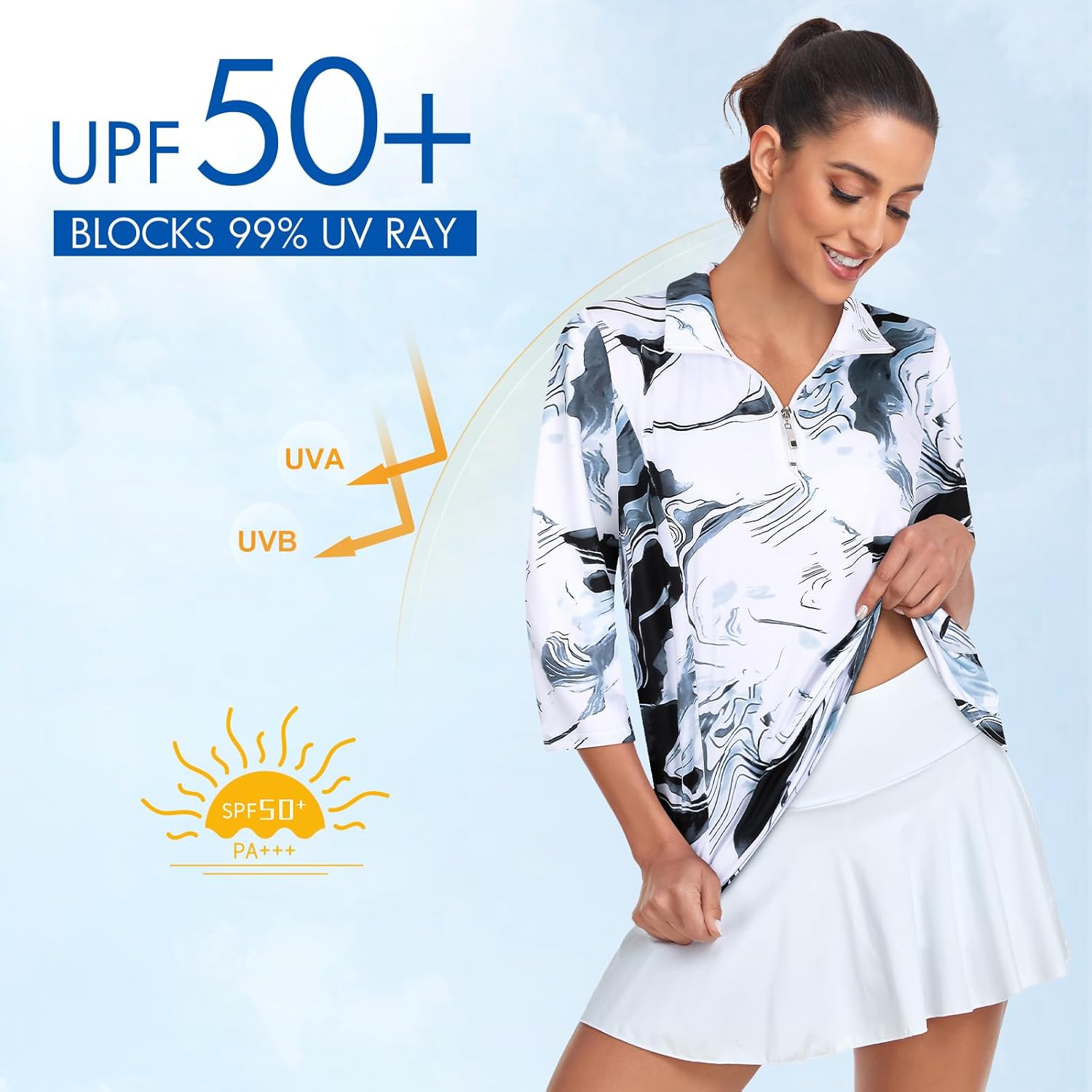 Tanst Sky Womens Golf Polo Shirts Zipper 3/4 Sleeve Moisture Wicking Tops UPF 50+ Workout Tennis Apparel - Image 4