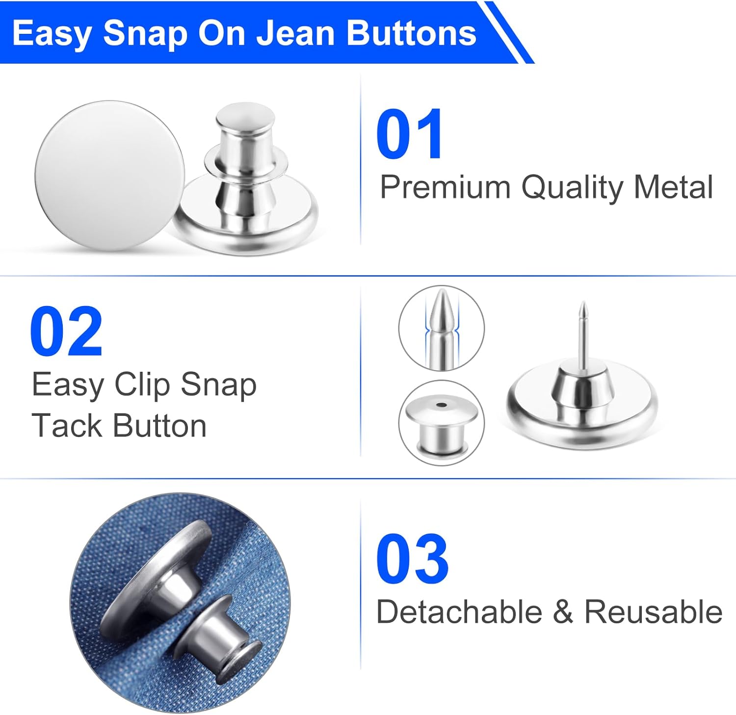 12 Sets Jean Button Pins, No Sew Instant Replacement Buttons, Reusable and Adjustable Pant Waist Tightener for Loose Jeans thumbnail