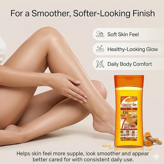 Turmeric Body Oil for Skin, Moisturising Nourishing Face and Body Oil, Vitamin E Body Oil for Dry Dull Looking Skin, Daily Massage Oil for Smooth Softer Feeling Skin, 200ml