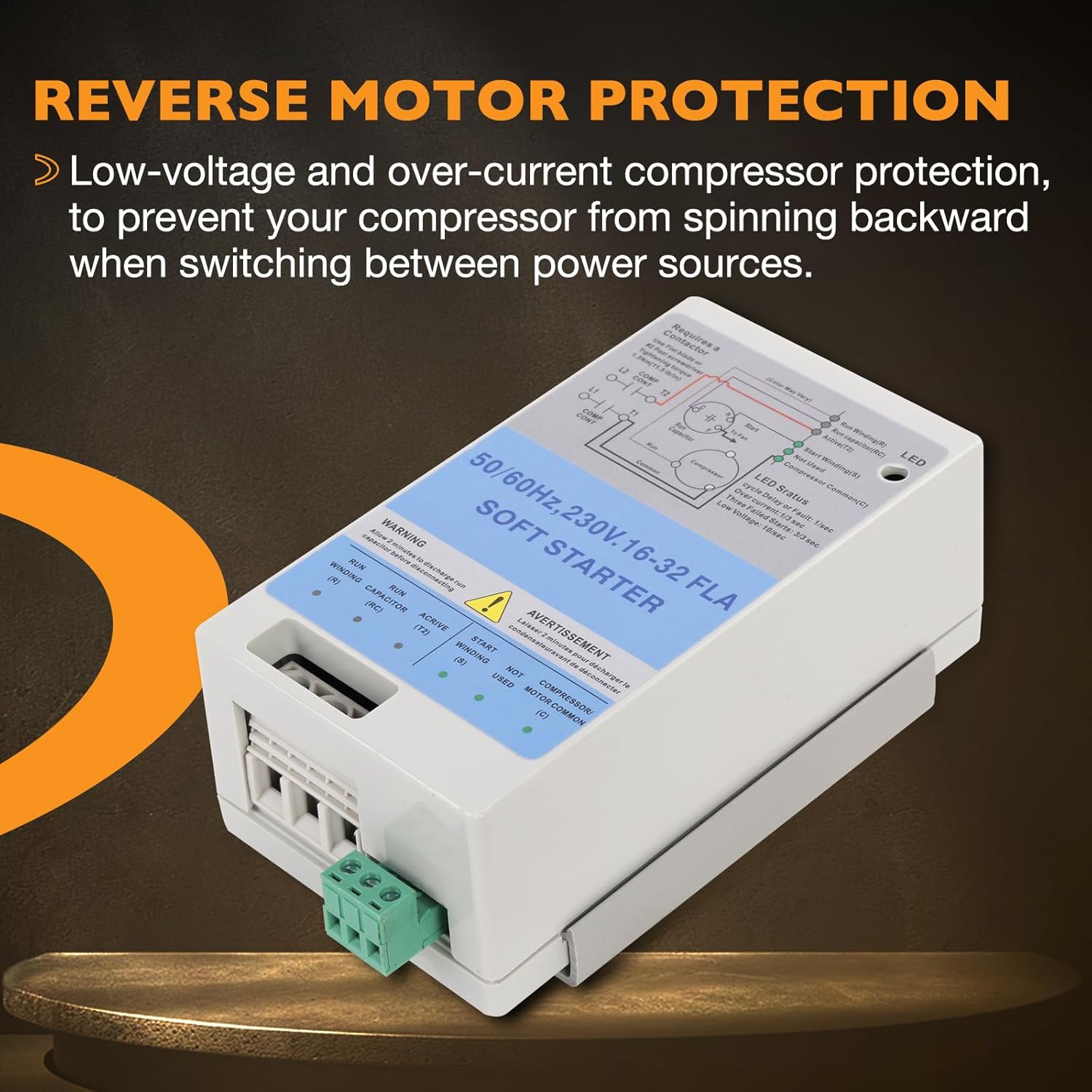 16-32A AC Soft Starter with Reverse Motor Protection, Fits 4-7 Ton, Inside AC, Compact Surge Protector & Motor Saver, HVAC, Generators & Utility Power (Install Kit)