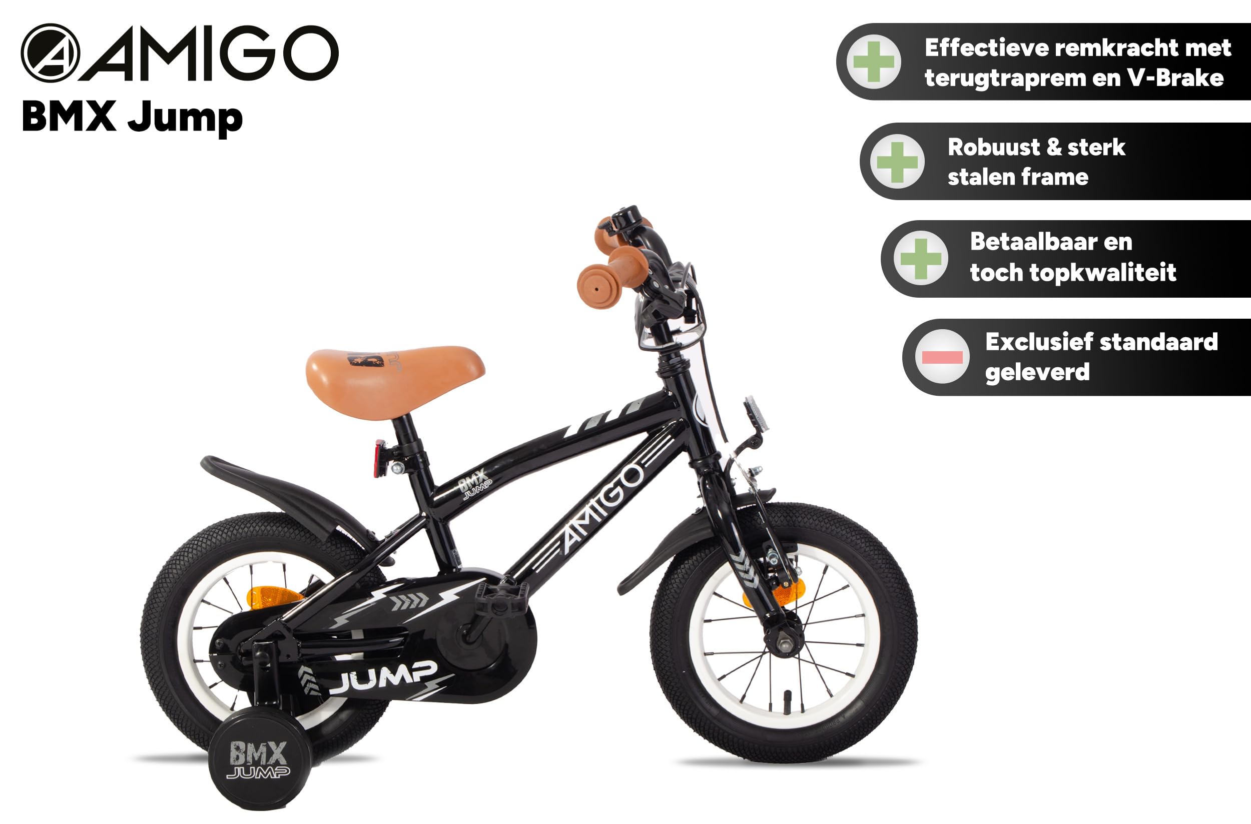 AMIGO BMX Jump - Kinderfahrrad Jungen - 12 Zoll - Mit Rucktrittbremse und V-Brake und Stützräder - ab 3-4 Jahr - Schwarz/Weiß