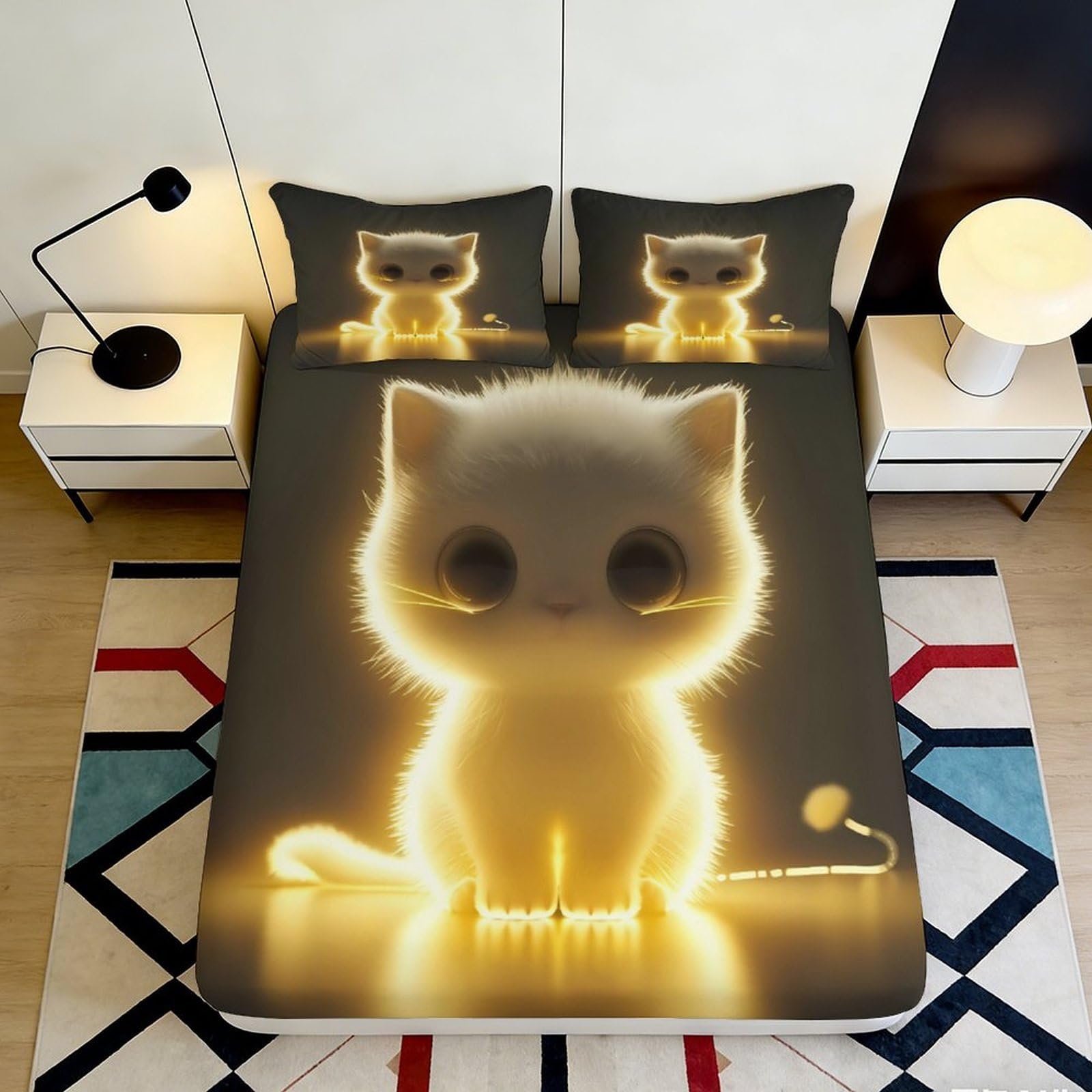Jqzkxnhpbr Style-2 3D Printed Glowing Cat Fitted Sheet Microfiber Soft Bed Cover Cute Kitten Bedroom Decor For Home Dorm 90X200x25cm