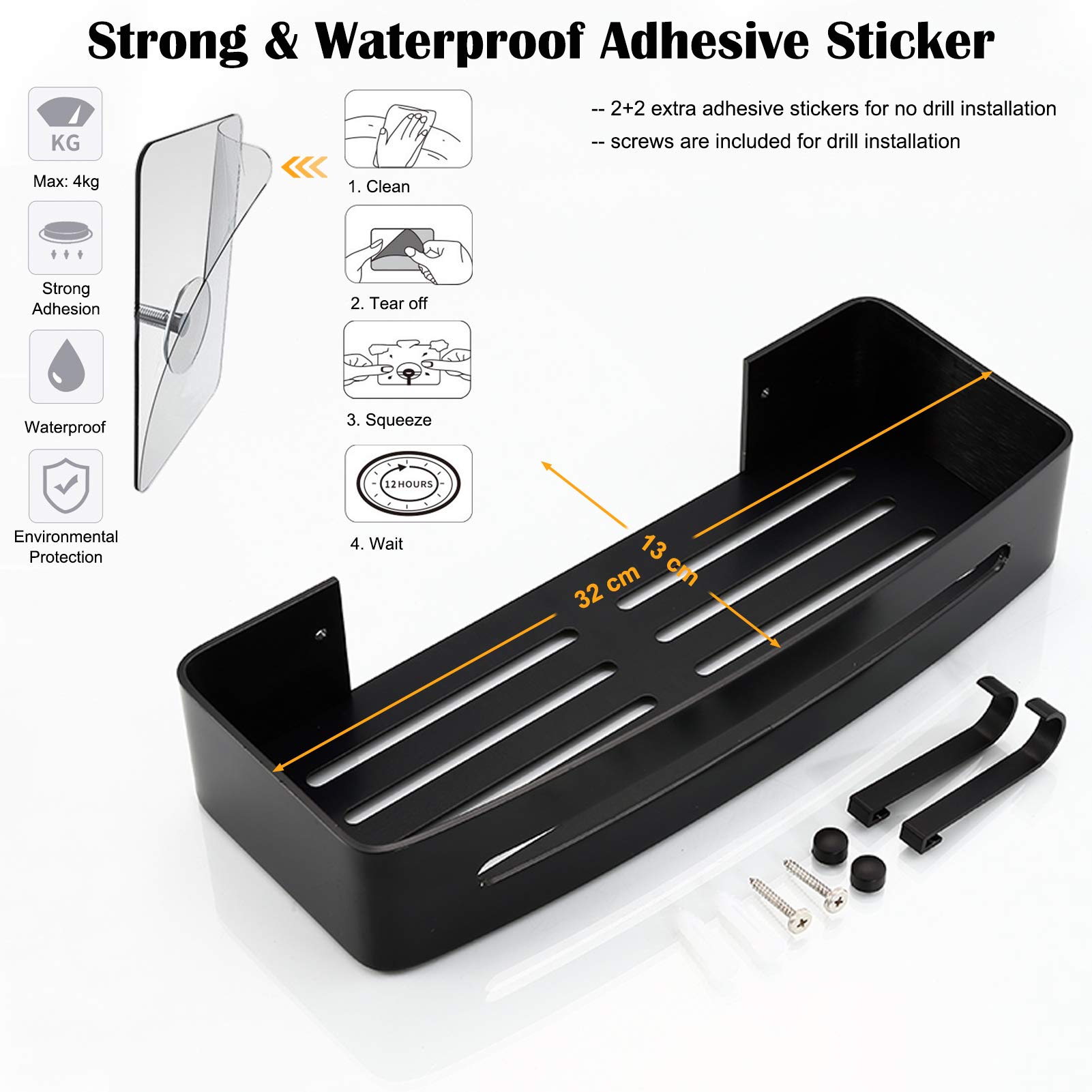 Estante de ducha adhesivo para baño, sin taladrar, aluminio inoxidable con 2 ganchos, color negro, 32 x 13 cm, estante de ahorro de espacio para almacenamiento de ducha