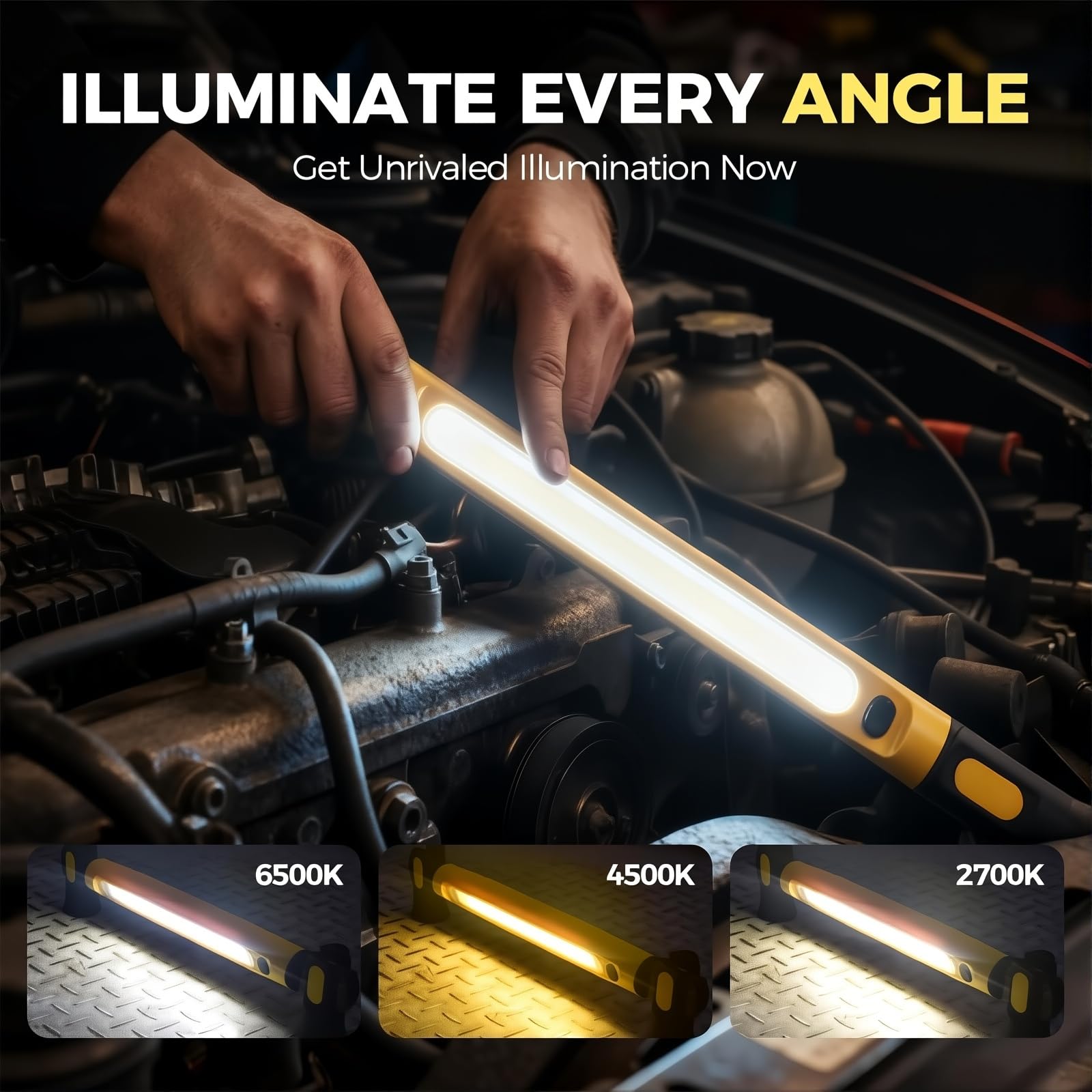 Luz de trabajo recargable de 3000 lm, lámpara de inspección magnética portátil debajo del capó, 3 modos de color, ajustable en 360° para uso en garaje y taller