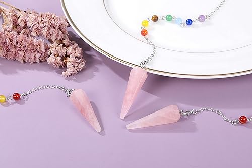 Miniatura 4 de CrystaTears - Péndulo de cristal curativo de cuarzo rosa para adivinación, piedra de cristal hexagonal natural para chakras, péndulo de cuarzo,