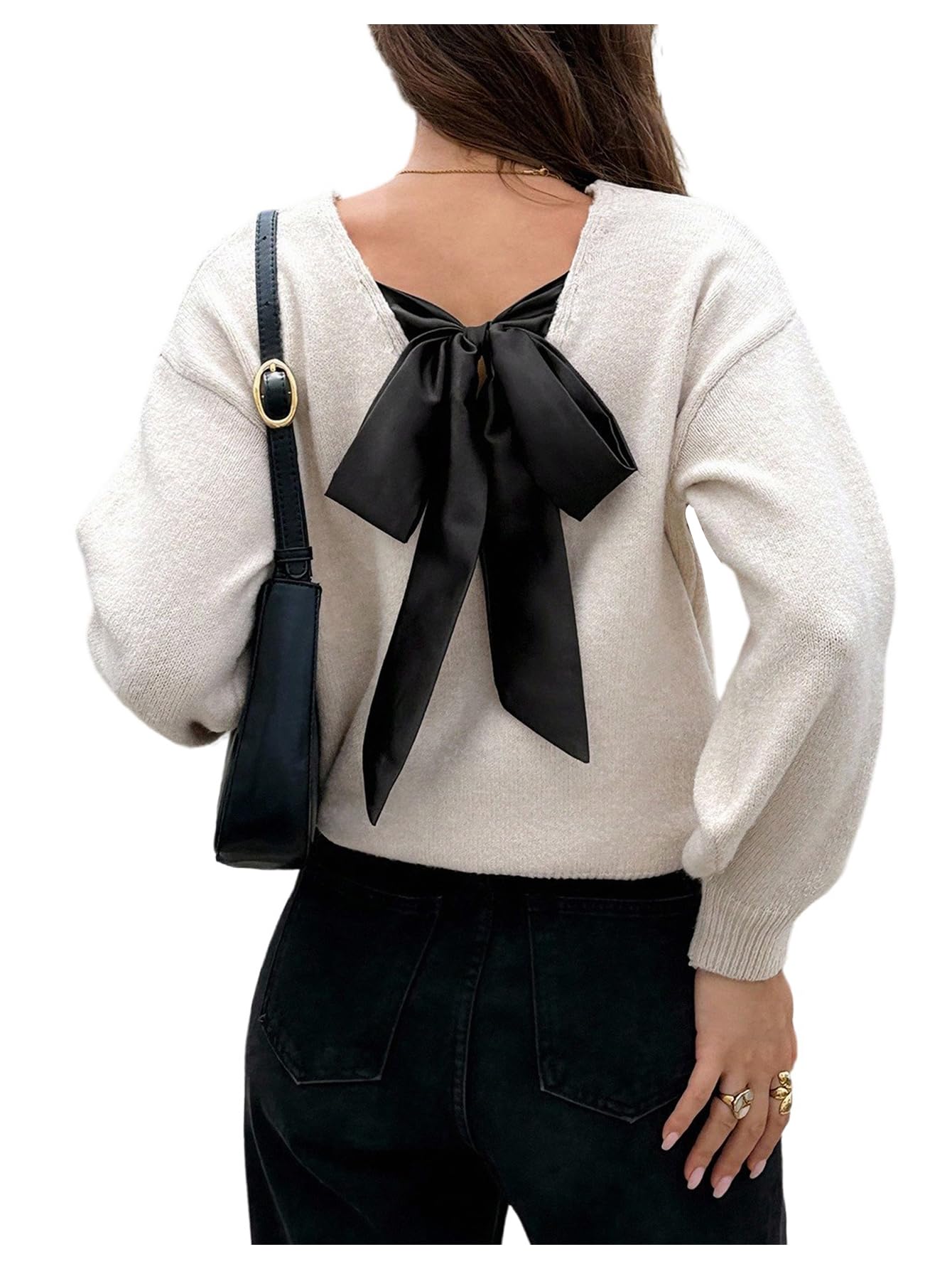 SOLY HUX Womens Long Sleeve Pullover Sweater Bow Tie Back Drop Shoulder Fall Knit Tops