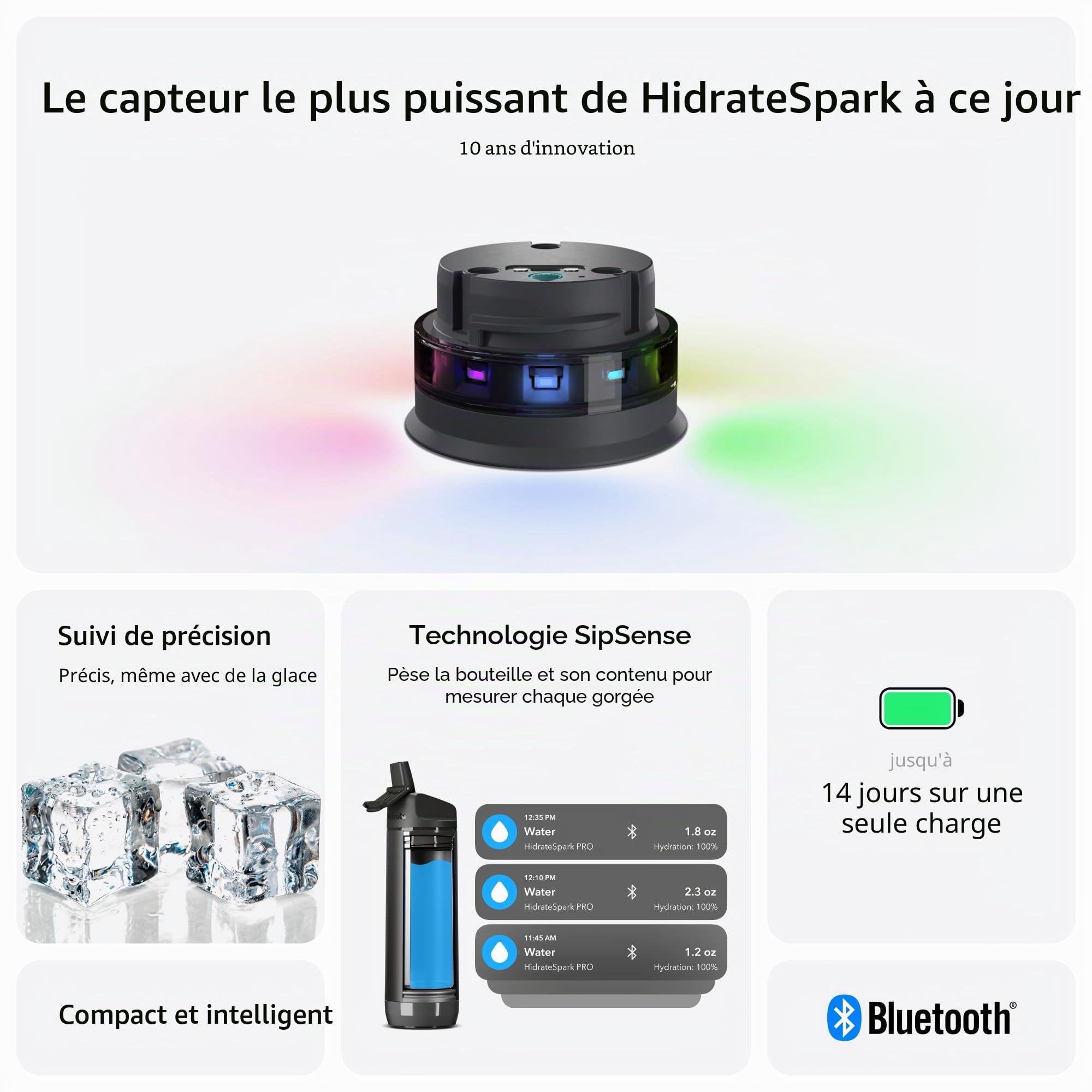 Hidrate Spark - Bouteille d'eau Intelligente en Acier, Suit la consommation d'eau et s'illumine pour Vous rappeler de Vous hydrater, Couvercle avec Paille, 503 ml, Verre de mer