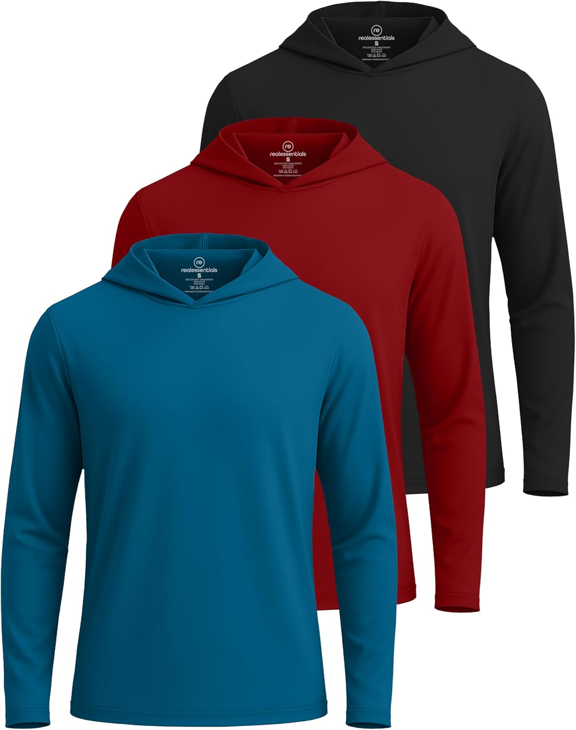 Real Essentials 3 Pack: Men's Dry Fit Wicking Long Sleeve Fishing Active Hoodie Pullover Sweatshirt (Big & Tall)