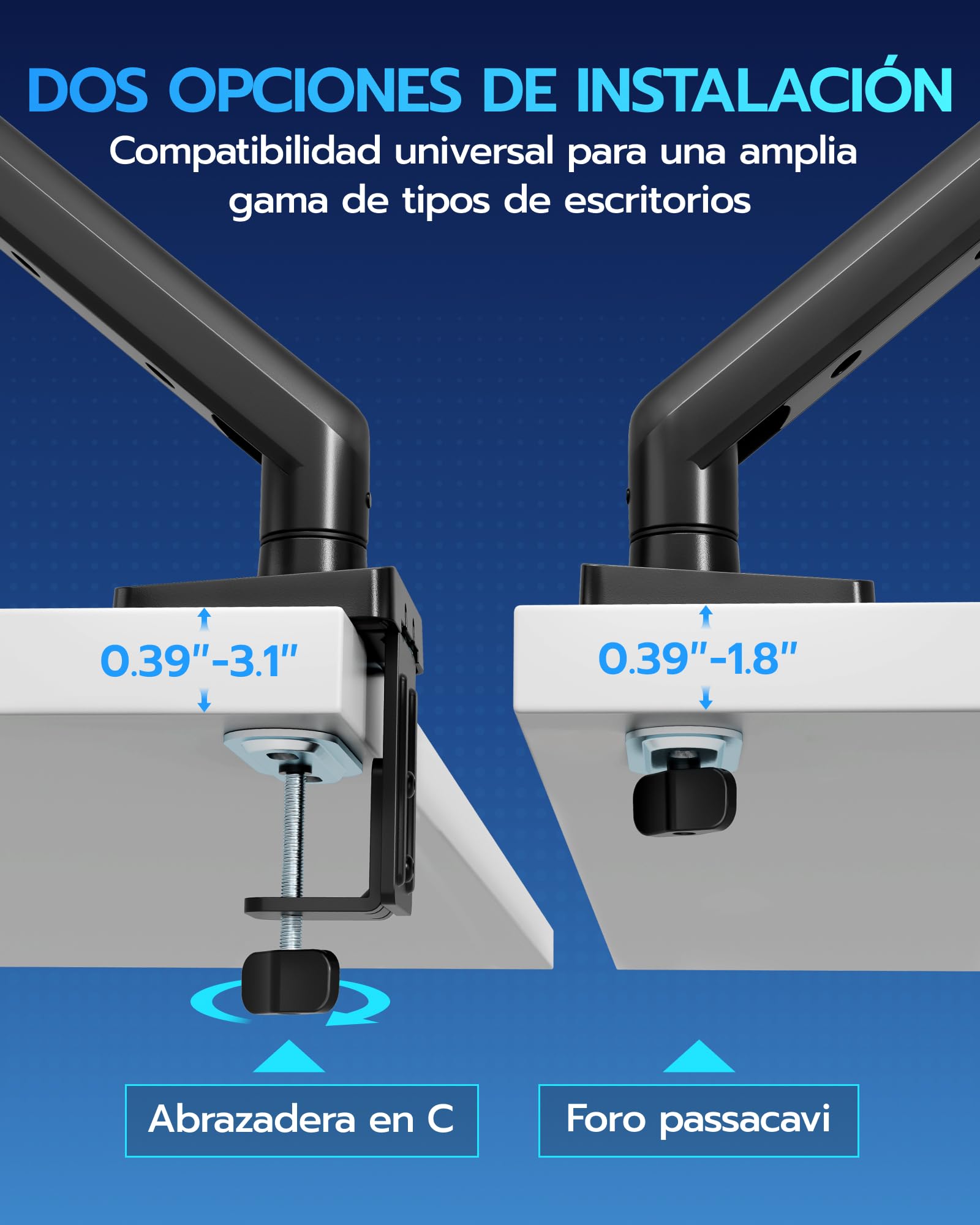 ARES WING Soporte de Monitor Ajustable para Pantallas de 17"-40" | USB A/C INTEGRADO, Brazo ajustable, carga máx, de 12 kg y VESA 75/100 mm, compatible con pantallas planas y curvas