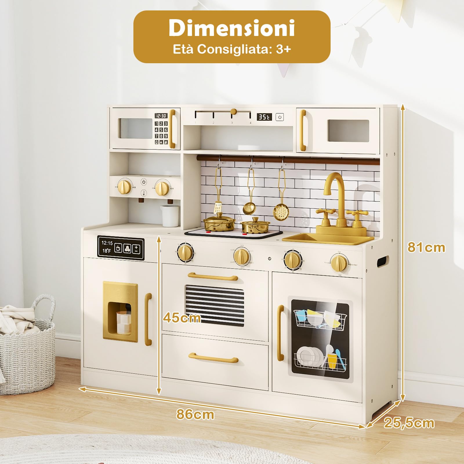 COSTWAY Cucina Giocattolo per Bambini, Set Cucina Gioco in Legno con Macchina per Ghiaccio, Caffettiera, Lavastoviglie e Accessori, Luci e Suoni, Regalo di Ruolo per Bambini 3+ Anni
