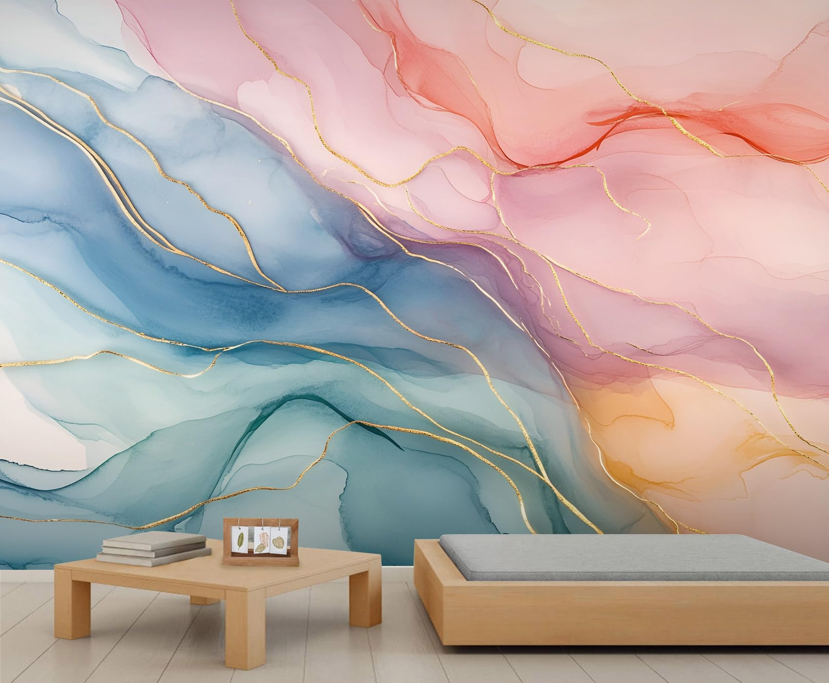 Papier peint marbre 3D, décoration murale en marbre rose bleu, décoration murale tendance pour salon, chambre à coucher, arrière-plan TV, bureau, 350 x 256 cm