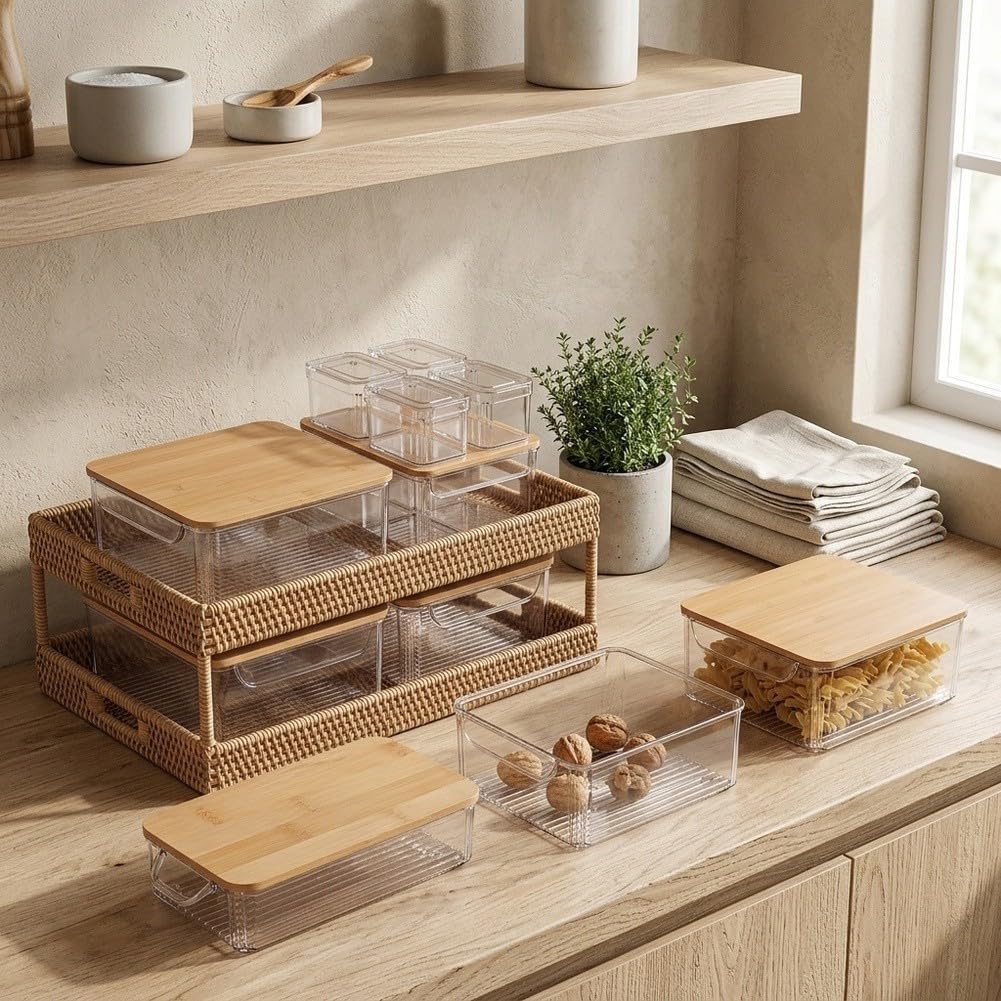 Organizadora Nevera PET Transparente con Tapa para madera Organizadora(Fourteen-piece set) | PET transparente, tapa para madera natural, tabla cortar integrada, , para fácil manual