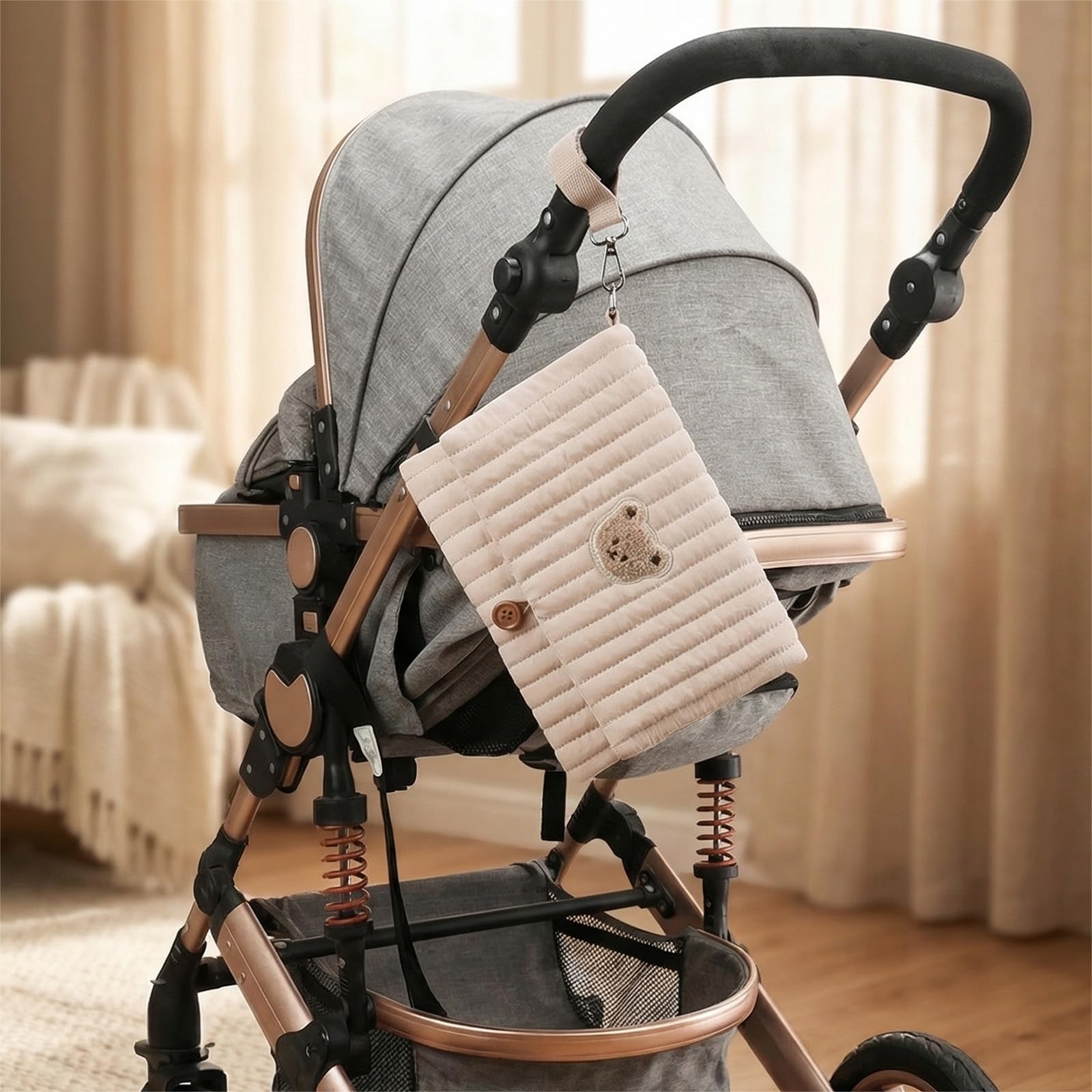 Simpatico Borsa per pannolini con orsetto ricamato, tasche multiple, organizer per passeggino