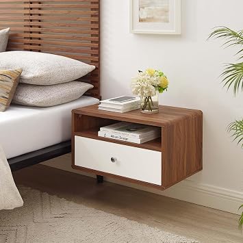 Modway MOD-7059-WAL-WHI Transmit Wall Mount Nightstand, Walnut White