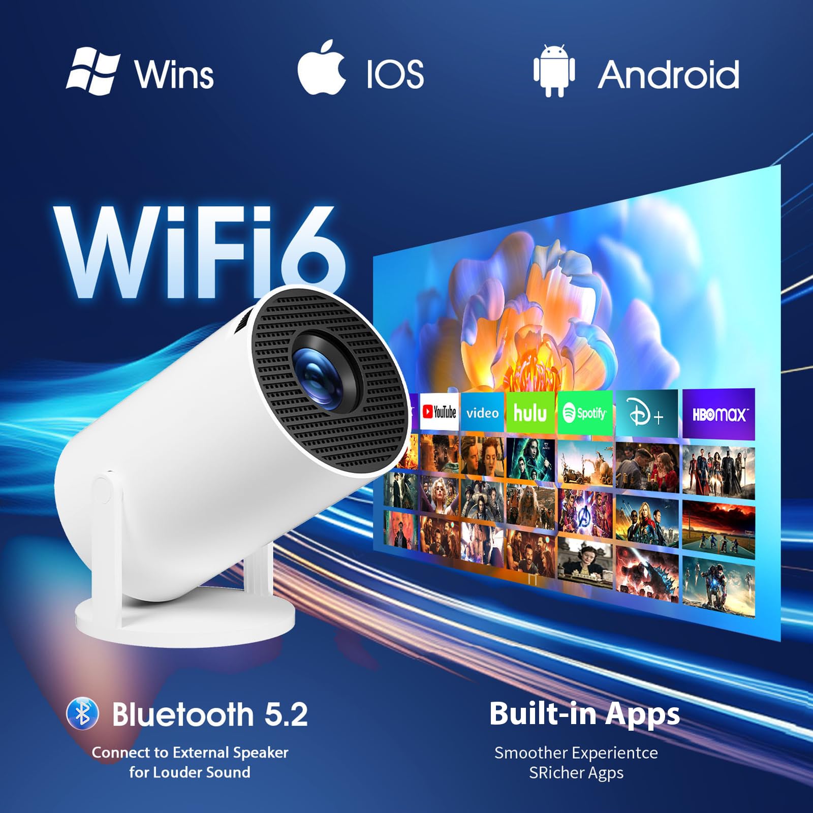 [2026 Modelo & App integrada] Proyector Portátil Soporte 4K 1080P Mini Proyector Dual Control con Ratón WiFi 6 BT5.2 Auto Keystone 180° Rotation Compatible con HDMI/TV Stick/USB/Laptop, Blanco