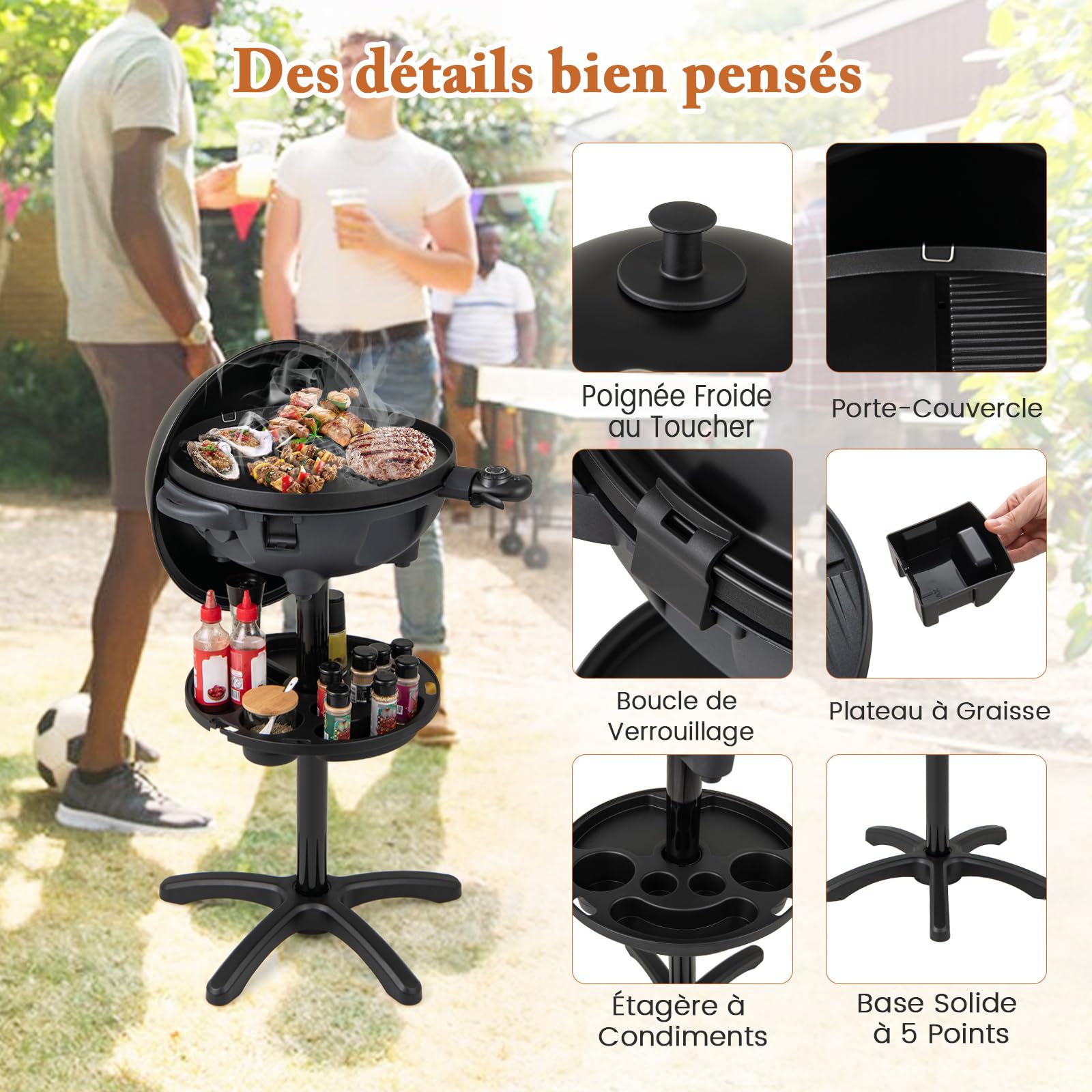 COSTWAY Barbecue Electrique Extérieur 1200 W, Plaque de Cuisson Antiadhésive à 2 Zones Température Réglable Support Amovible Etagère à Condiments, pour Balcon Terrasse Jardin