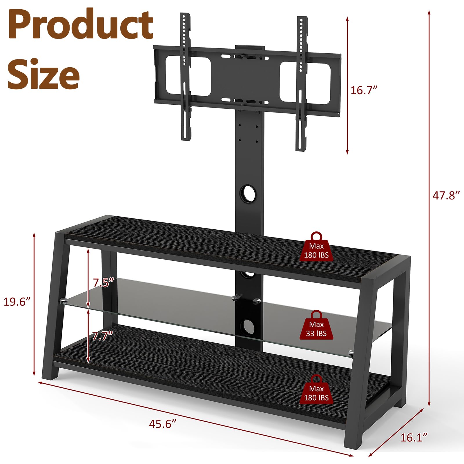 TV Stand with Mount for 32-65 inch TVs, Wood TV Stand with Storage for Bedroom Living Room, Small Entertainment Center with Power Outlet, 3 Shelves, Adjustable Height (Black)