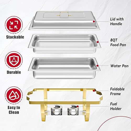 Miniatura 3 de IMACONE Juego de 2 recipientes de bufé de acero inoxidable de 8 cuartos de galón rectangulares y calentadores de buffet para catering, con bandeja