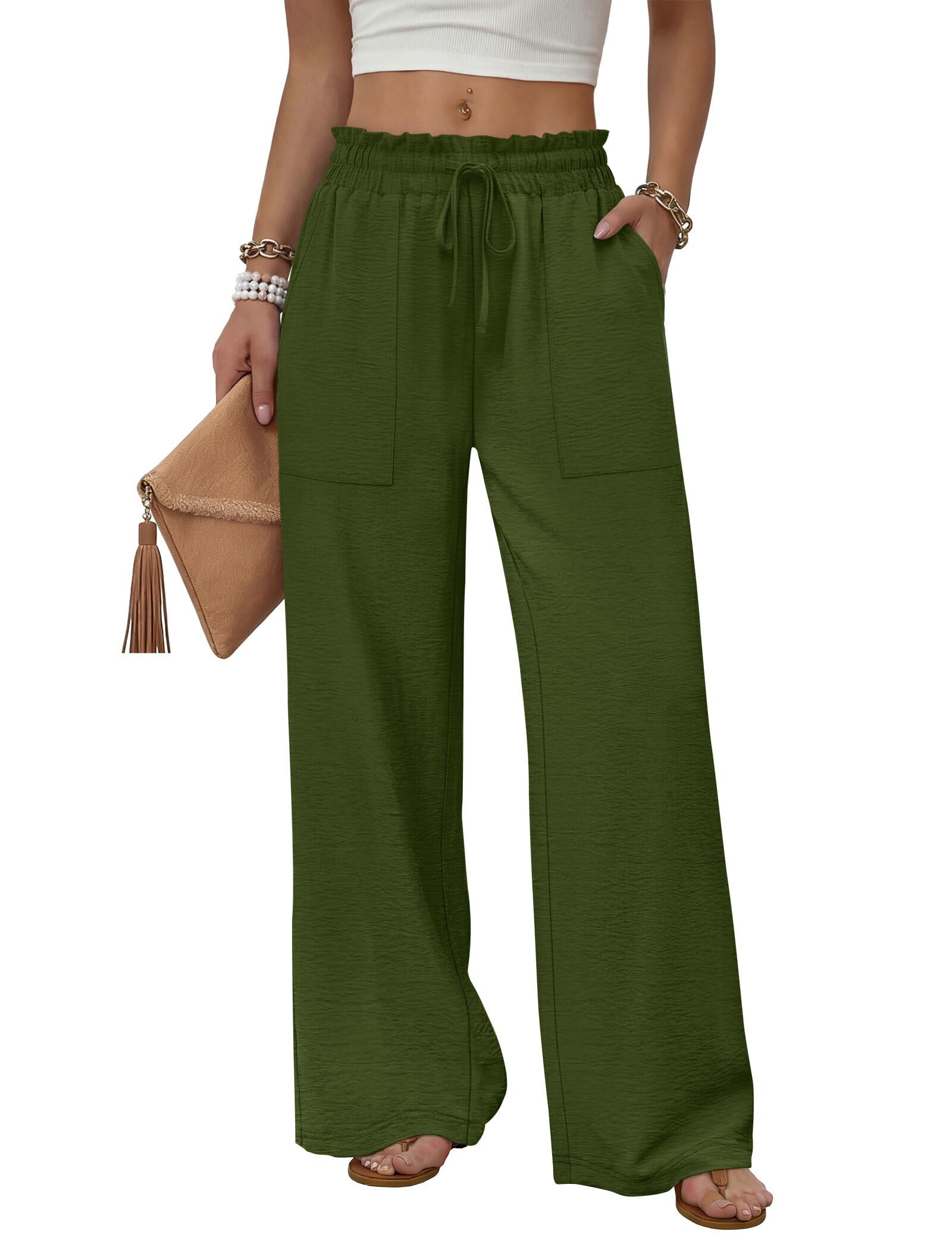 WIHOLL Women's Wide Leg Pants with Pockets Drawstring Loose Trousers Business Work Pants Summer Beach Vacation Clothes — view 16