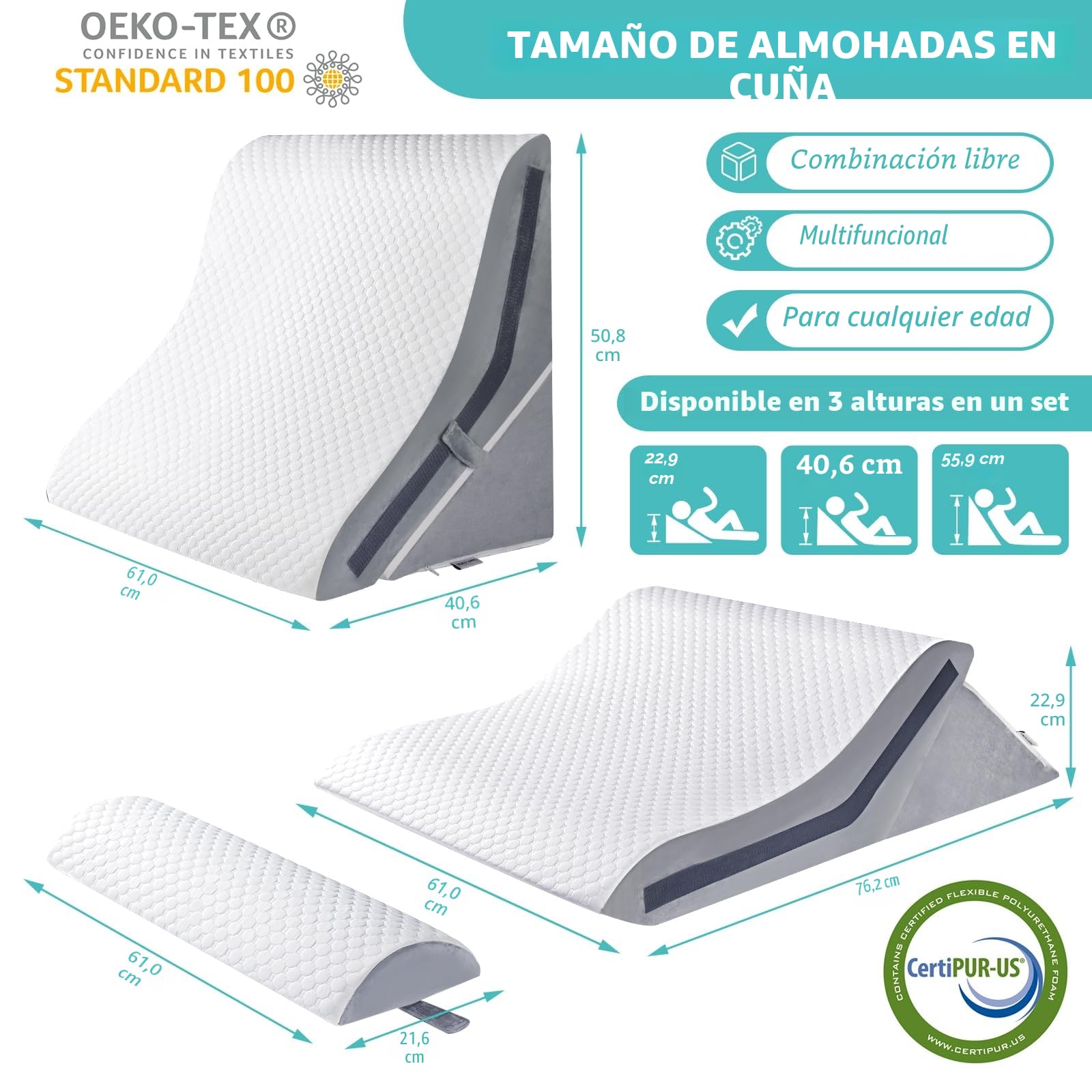 Almohada de cuña para dormir, juego de almohada ortopédica de cuña de cama, 15 en 1, almohada de cuña de espuma viscoelástica ajustable después de la cirugía, 9, 16 y 20 pulgadas de altura, almohadas