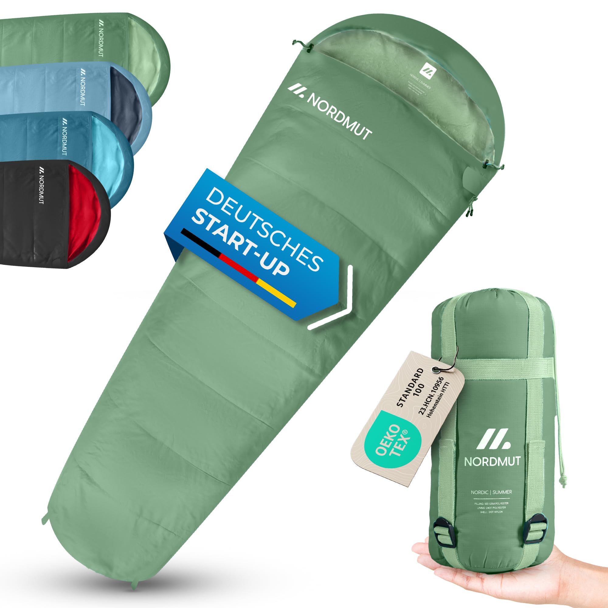 NORDMUT® Schlafsack Ultraleicht – Sommer (100 GSM) und 4-Jahreszeiten (300 GSM), Mumienschlafsack 900g, wasserfest, Camping, inkl. Kompressionsbeutel (Sommerschlafsack, Grün)