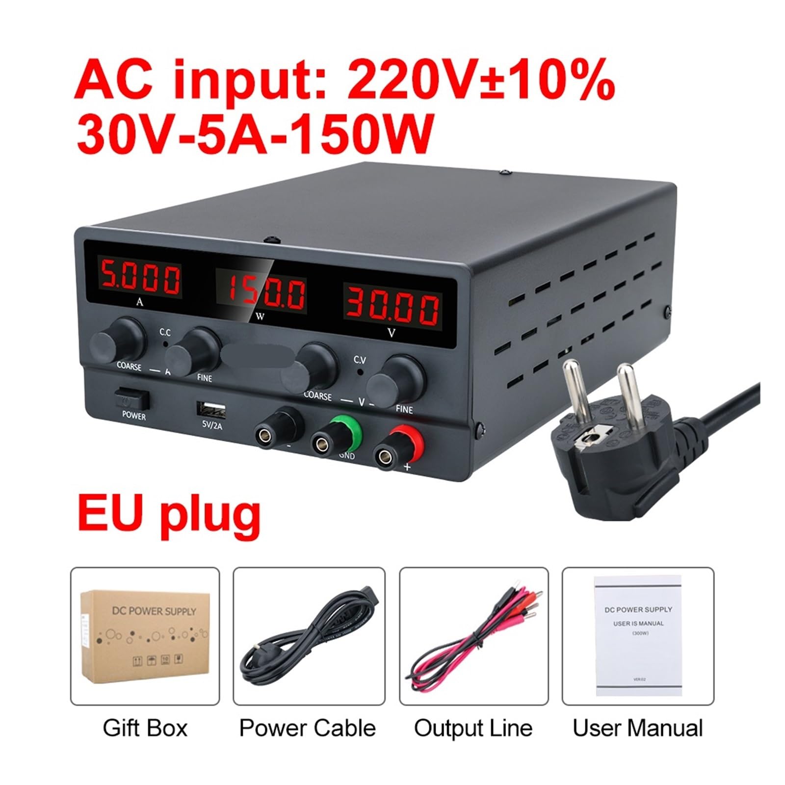 Fuente de alimentación CC regulable 30 V 10 A Alimentador regulador de tensión 300 W Estabilizador Fuente de alimentación de banco conmutada 60 V 5 A (SPS-H305-Black)