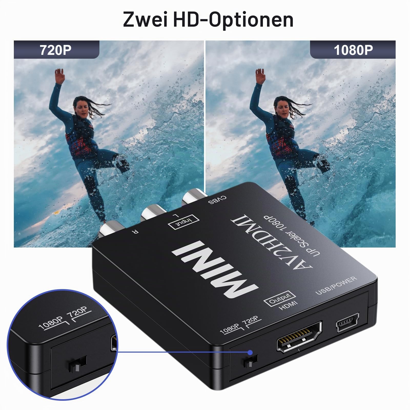 RCA zu HDMI, AV zu HDMI Konverter, 1080P Mini RCA Composite CVBS Video Analog Konverter Adapter Anschluss unterstützt PAL/NTSC für TV/PC / PS3 / STB/Xbox VHS/VCR/Blue-Ray DVD-Player