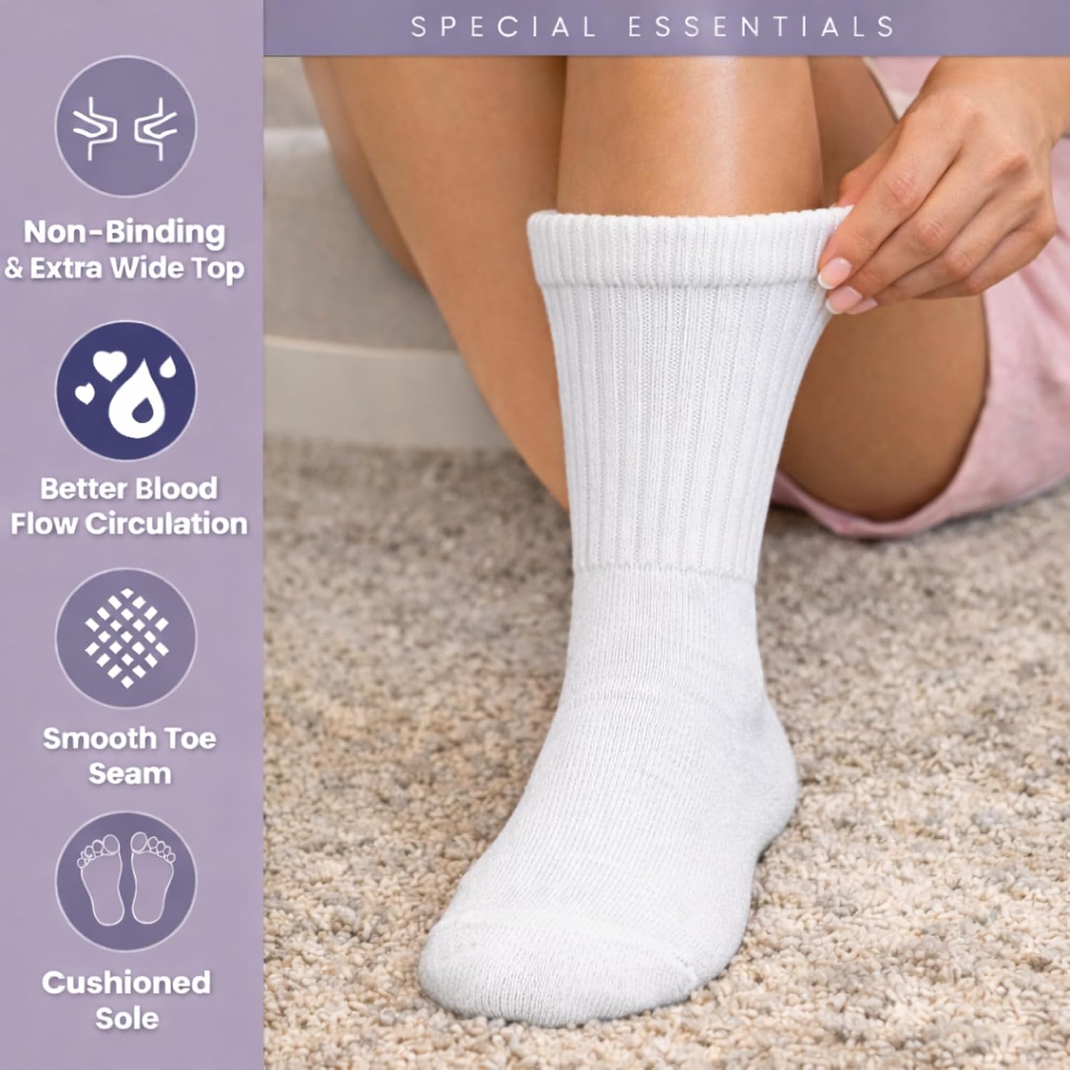 Diamond Star Diabetic Socks, Non-Binding Circulatory Cushion Cotton Crew Diabetic Socks for Women