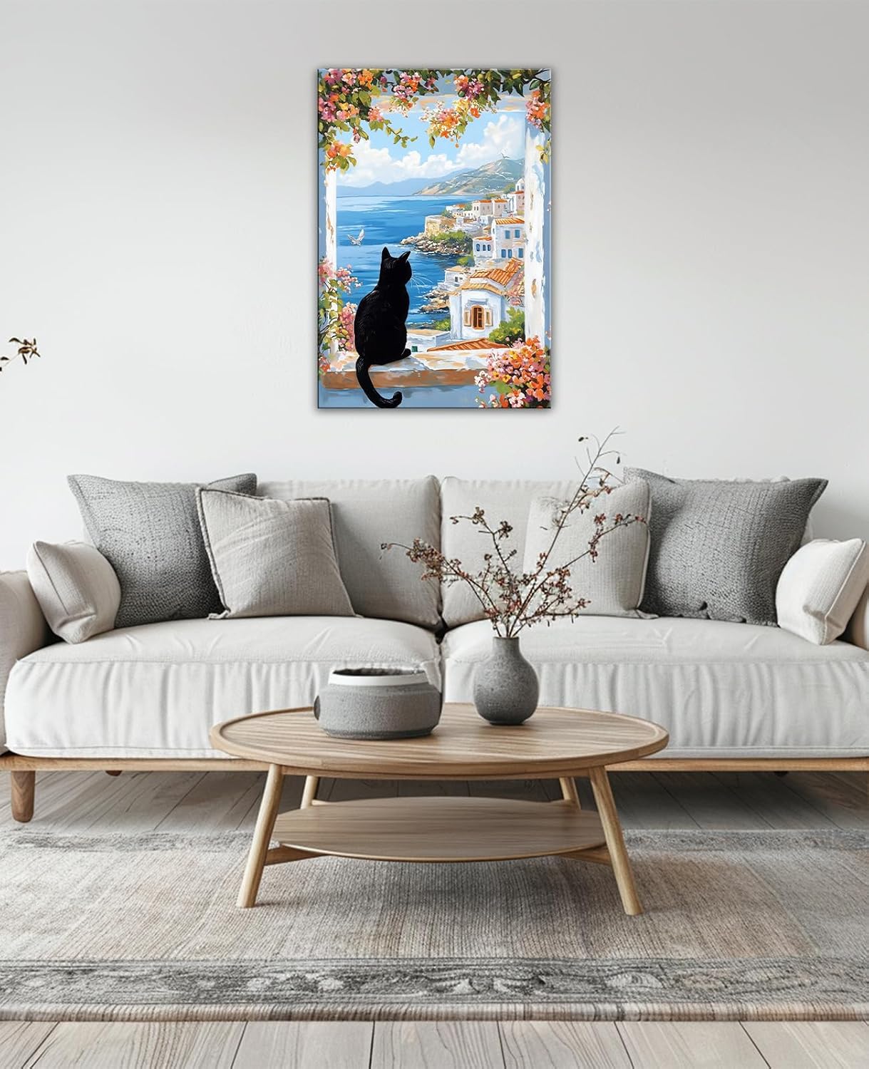 GLOKAKA Black Cat Canvas Wall Art Colorful Flower Animal Pictures Wall Decor Coastal Theme Paintings for Living Room Bedroom Dining Room(Artwork-1,12"x18")