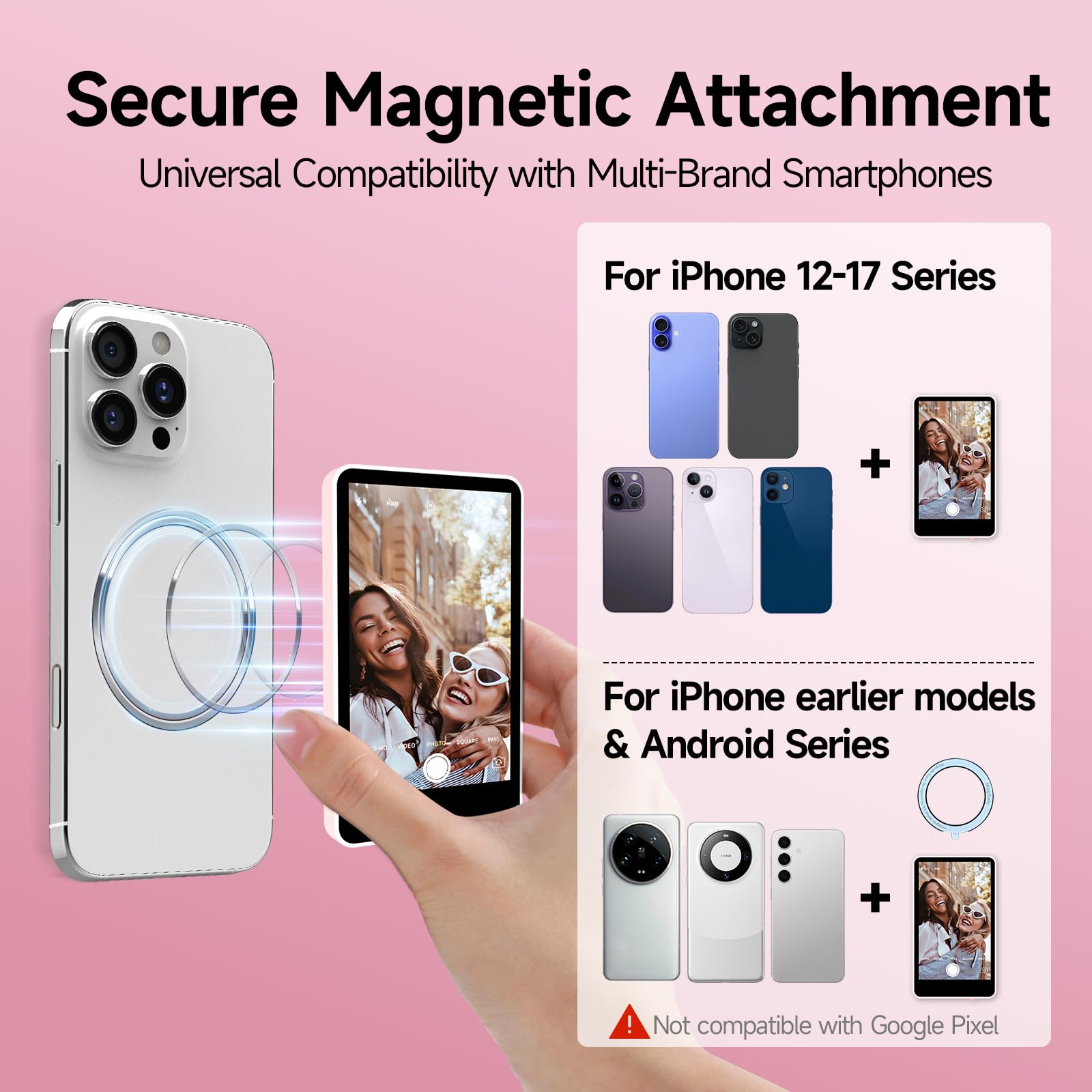 Rollei Easy Creator Selfie Monitor Magnetyczny ekran do vlogowania z tylną kamerą kompatybilny ze smartfonami iPhone i Android do TikTok Live Stream YouTube Różowy