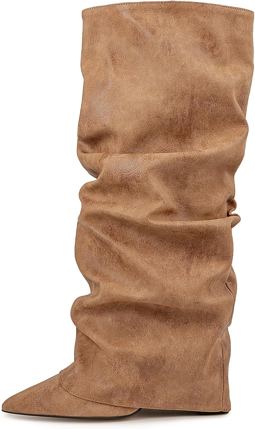 Fancy Fold Over Slouch Boots Block Heels