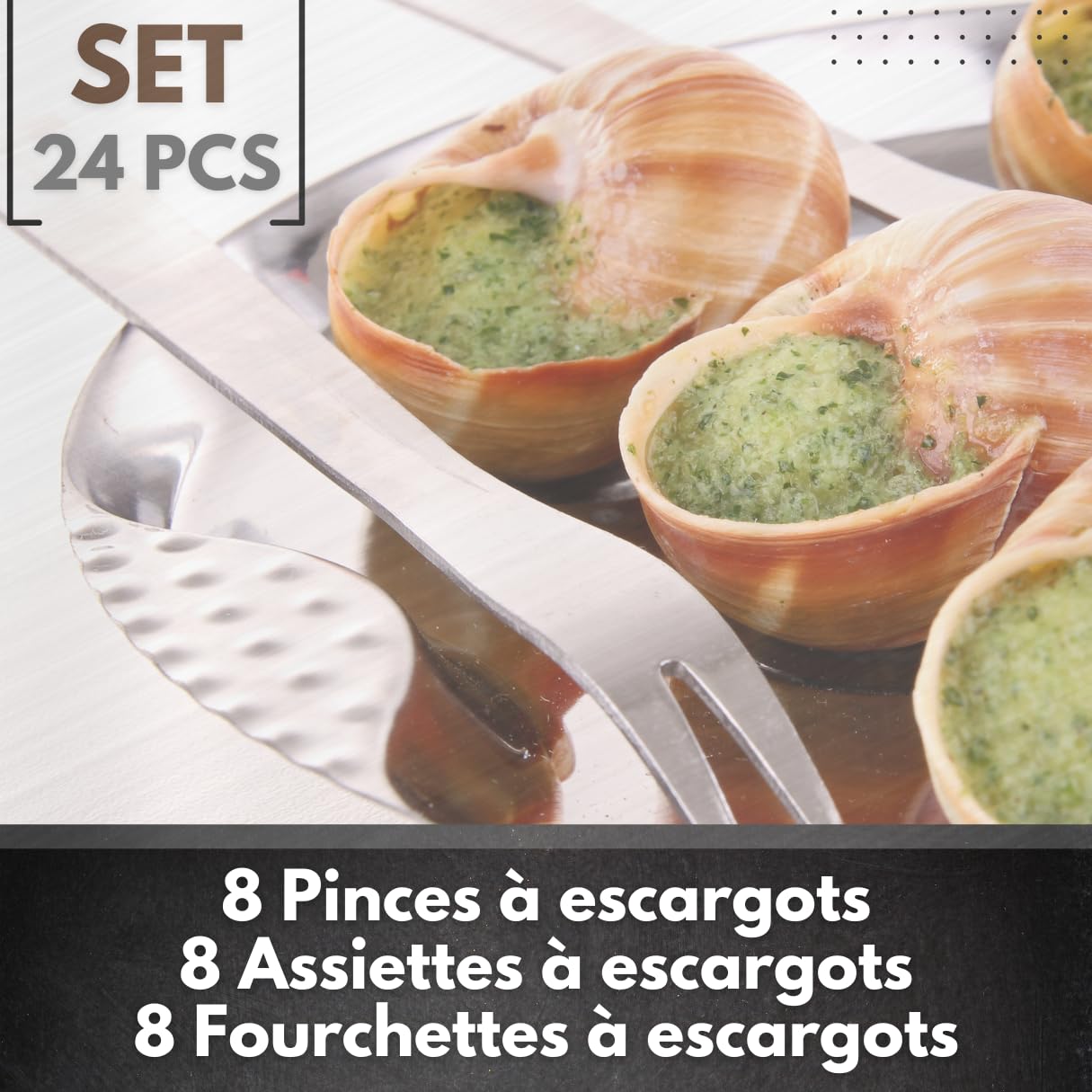Service à Escargots 12 trous - Assiettes, Pinces et Piques à Escargots en Acier Inoxydable - Coffret Complet d’Ustensiles pour 4, 6, 8 ou 12 personnes (Set 24 pcs)