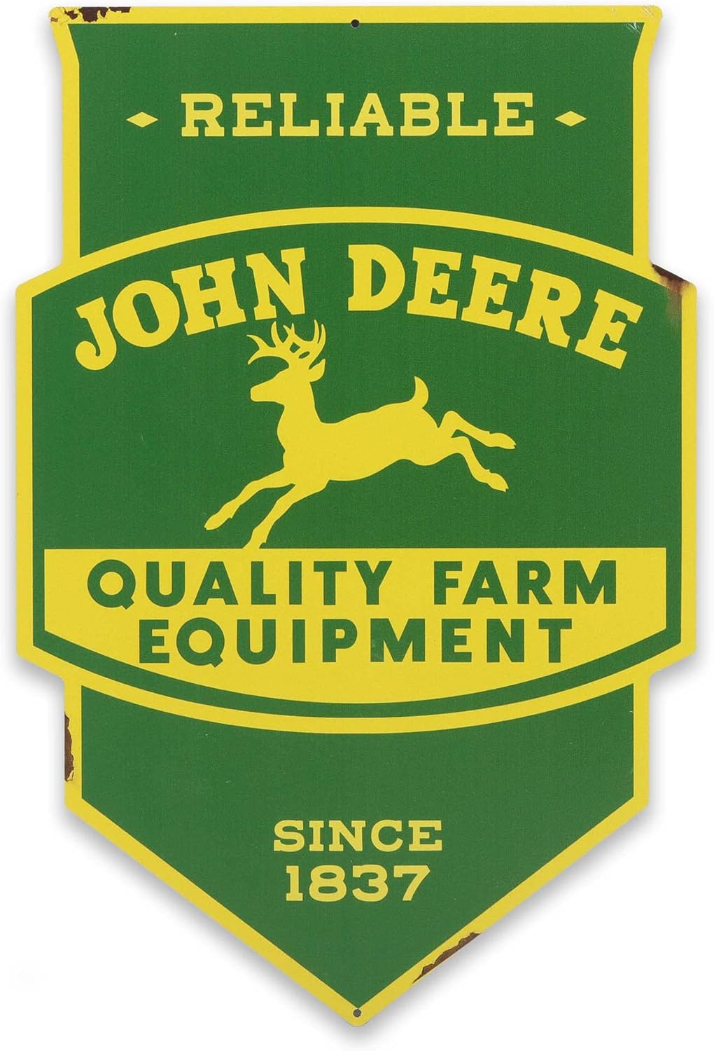 John Deere Quality Farm Equipment Shield Metal Sign - Die Cut John Deere Sign for Garage or Man Cave
