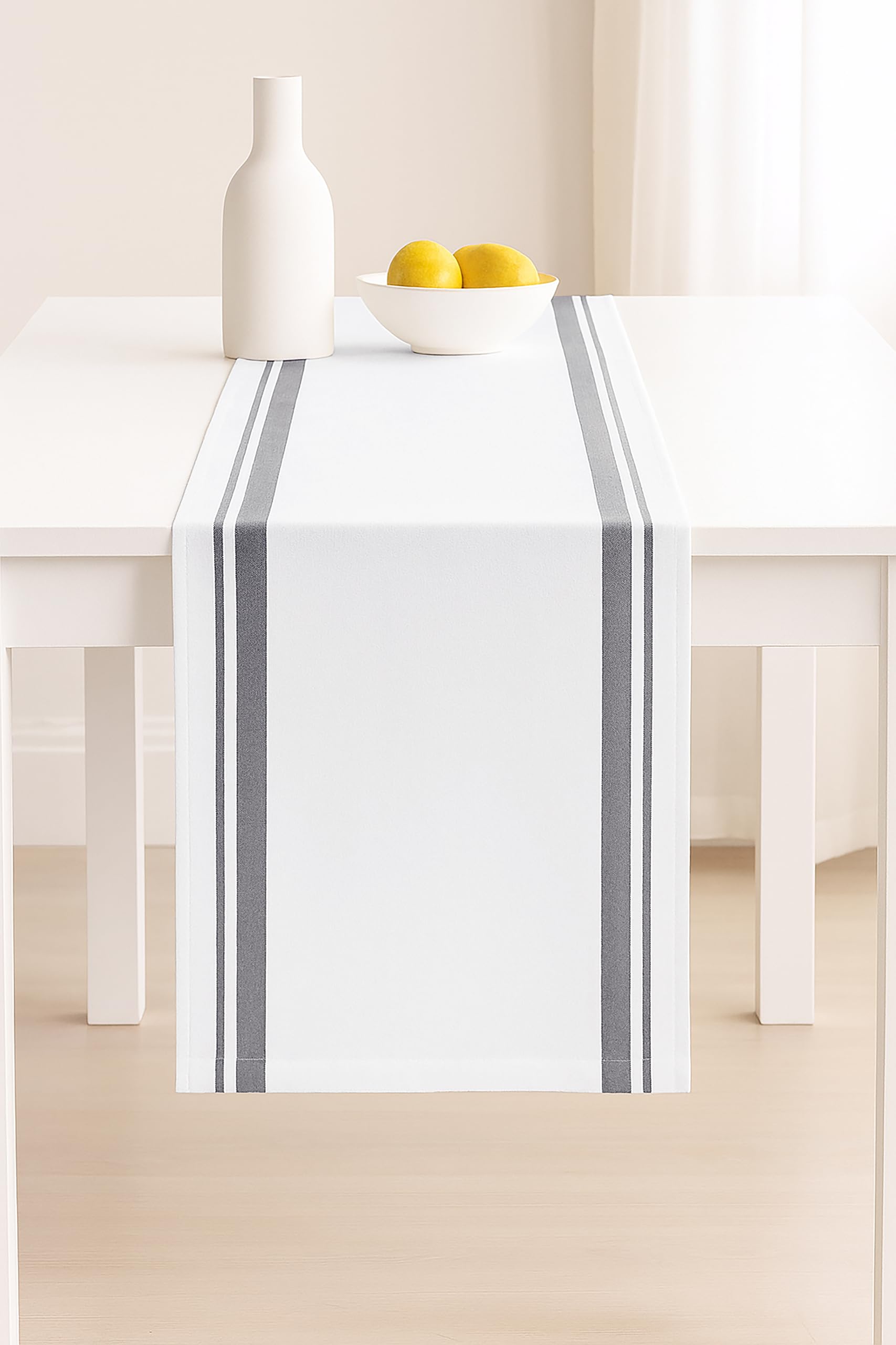PurpleEssences Chemin de table à rayures françaises de 182,9 cm de long, 35,6 x 182,9 cm, 100 % coton – Tissu durable lavable pour printemps, été, Pâques – Gris et blanc