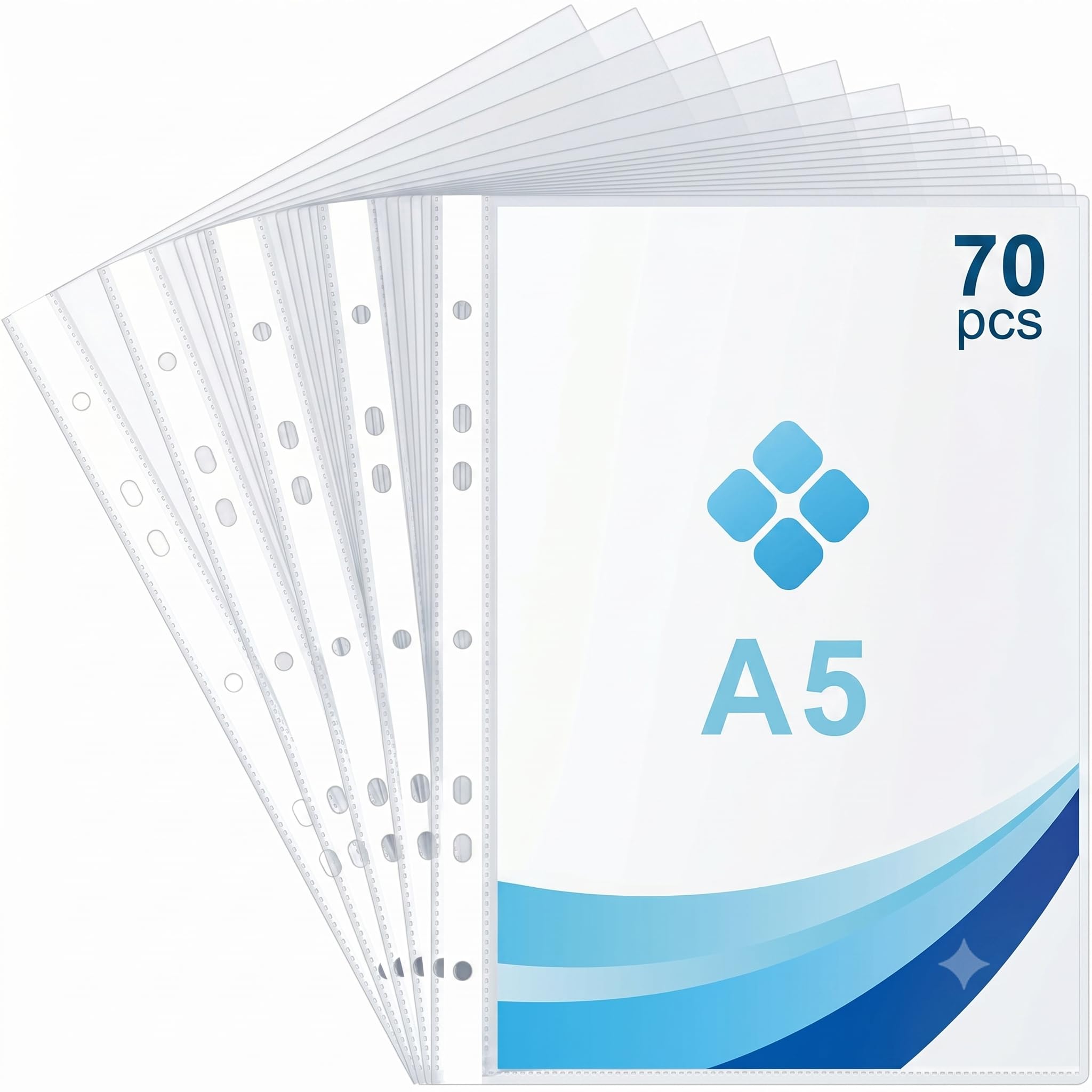 70pcs A5 Punched Pockets, 7 Hole Clear Plastic Sleeves, 90 Micron Frosted