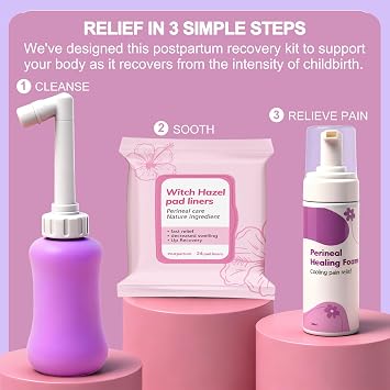 6 Pcs Labor & Postpartum Essentials Recovery Kit | Includes Labor Comb,Clary Sage Oil,Peri Bottle,24 Pad Liners, Perineal Soothing Foam,Socks