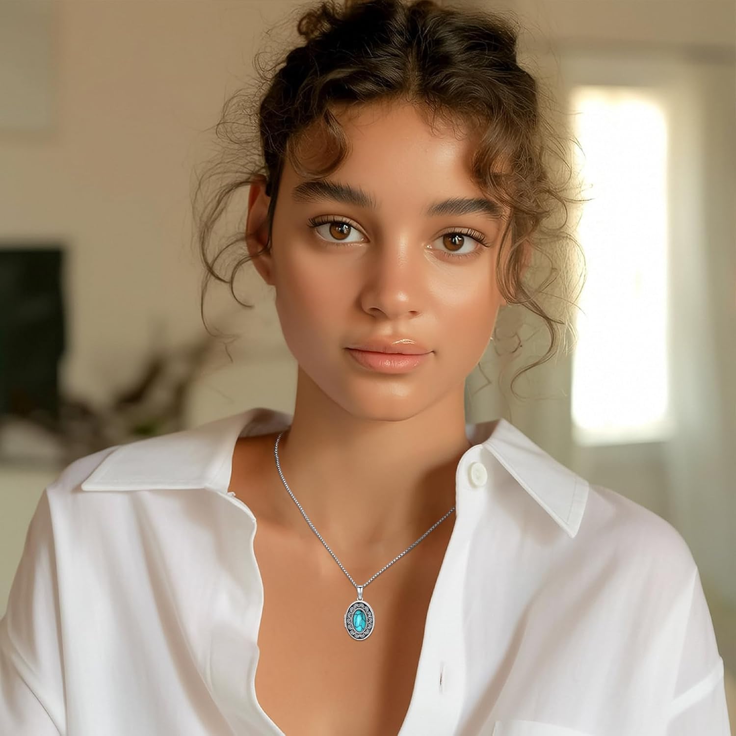 Locket Necklace Sterling Silver Oval Turquoise Flower Pendant Holds Pictures Vintage Style Photos Locket Memorial Jewelry Gifts for Women Men Loved One - Image 6