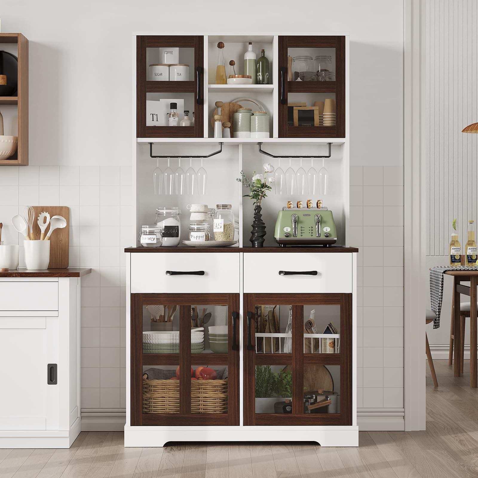 Modern Kitchen Pantry Cabinet with Power Outlet, Wine Glass Holder, Microwave Stand, Shelves for Dinning Room