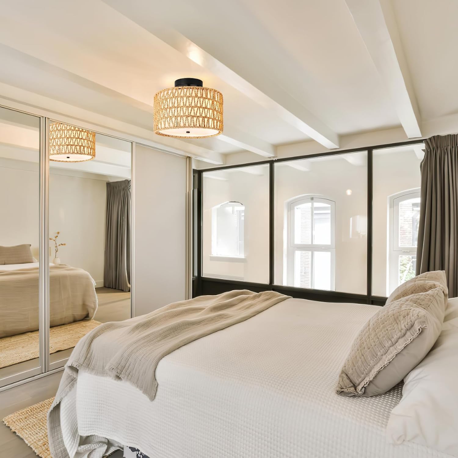 WILON Rattan Light Fixture Ceiling Mount, 3-Light Semi Flush Mount Ceiling Light Fixture with Fabric Shade, Modern Drum Woven Boho Light Fixture for Hallway Entryway Kitchen Bedroom Nursery Laundry