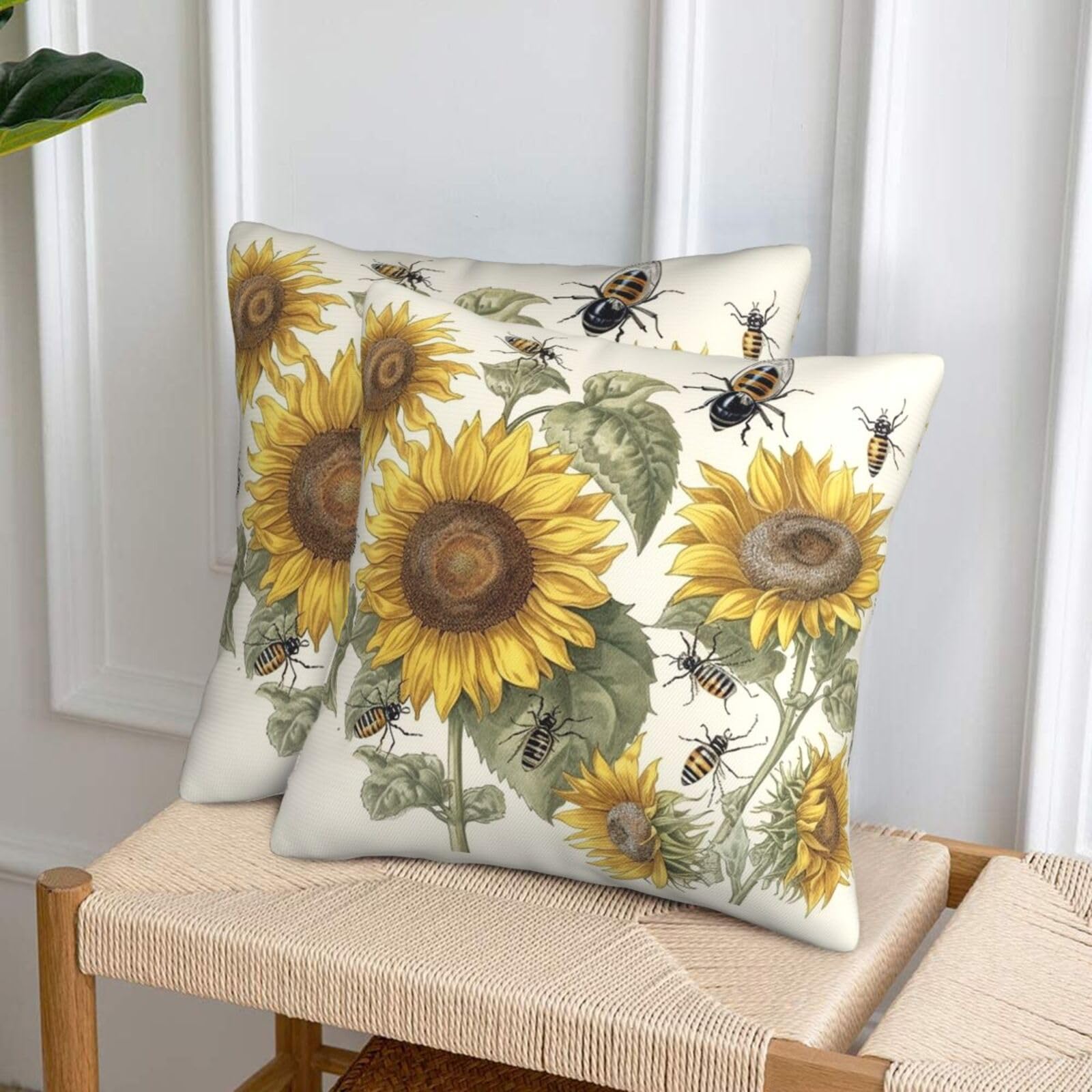 NONHAI Decorative Throw Pillow Covers Set of 2, 20"x20" Square Cushion Case Soft Comfy Sunflowers and Insects Throw Pillows for Couch Cushion Livingroom Farmhouse Home Decor Pillowcases
