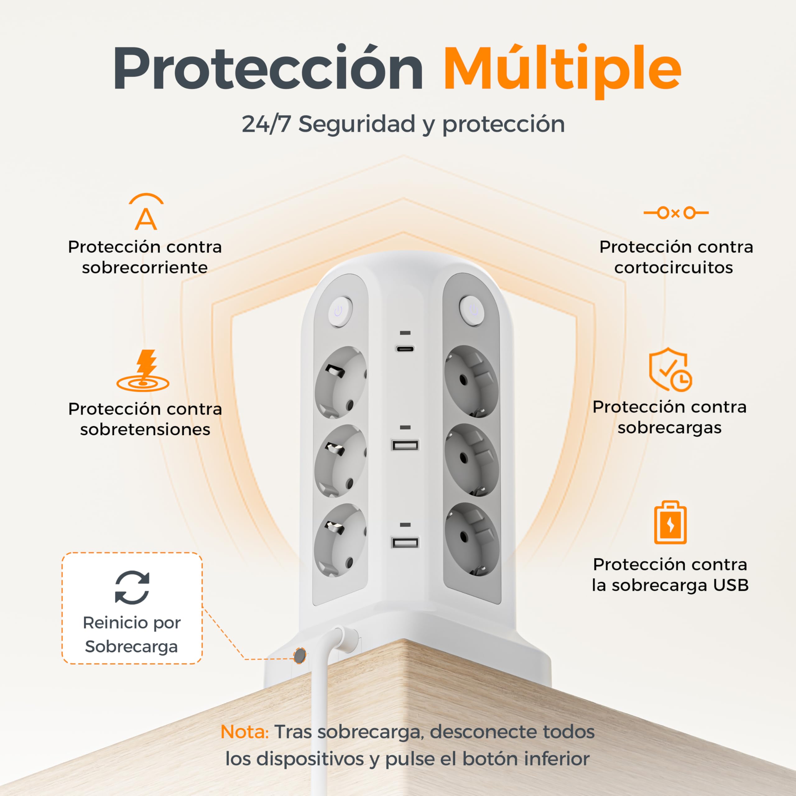 TESSAN Regleta Enchufes Torre 18 en 1 con 6 USB 12 Tomas Multiples 2 USB C Proteccion Sobretension Cable 2M