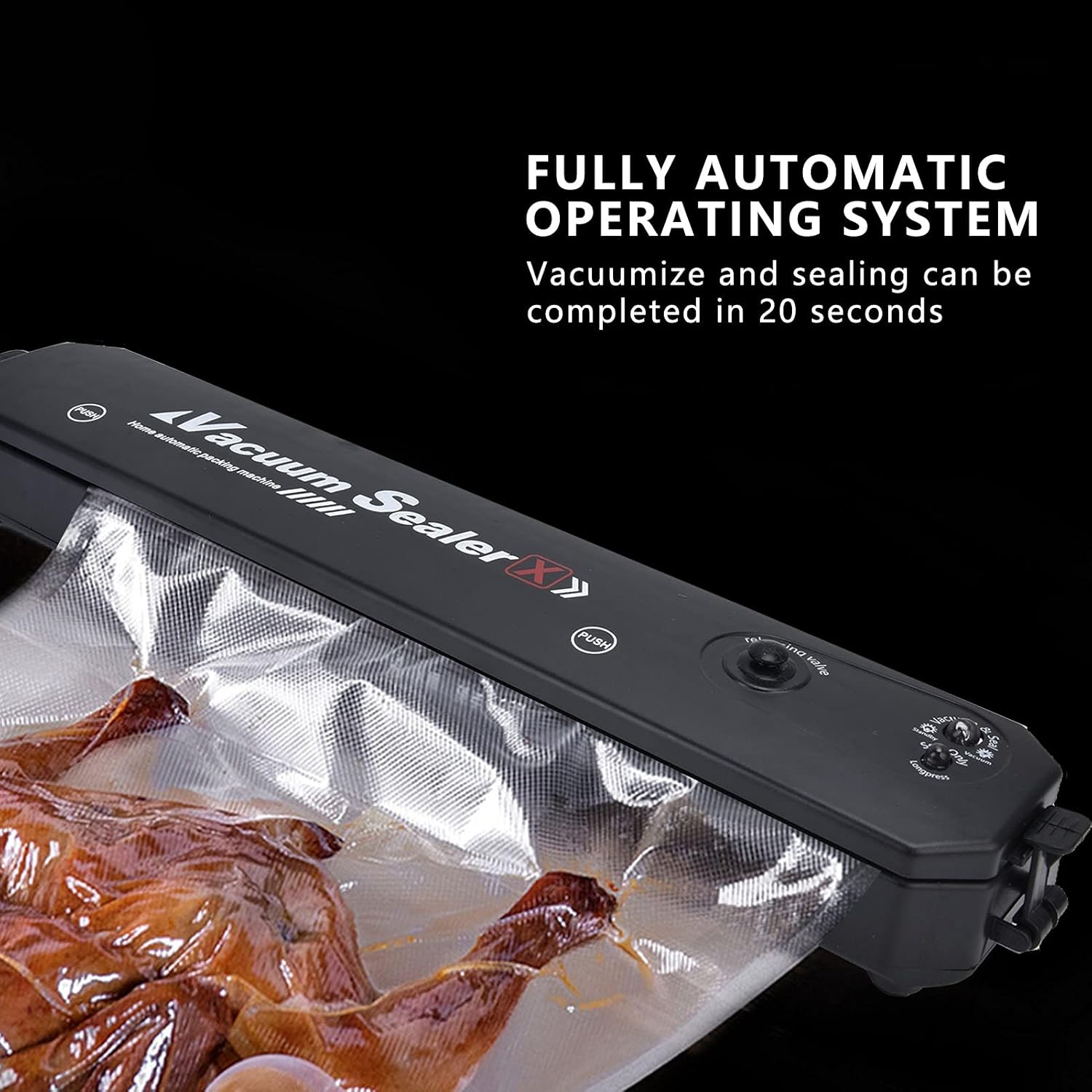 Vacuum sealer in operation, sealing a bag of food
